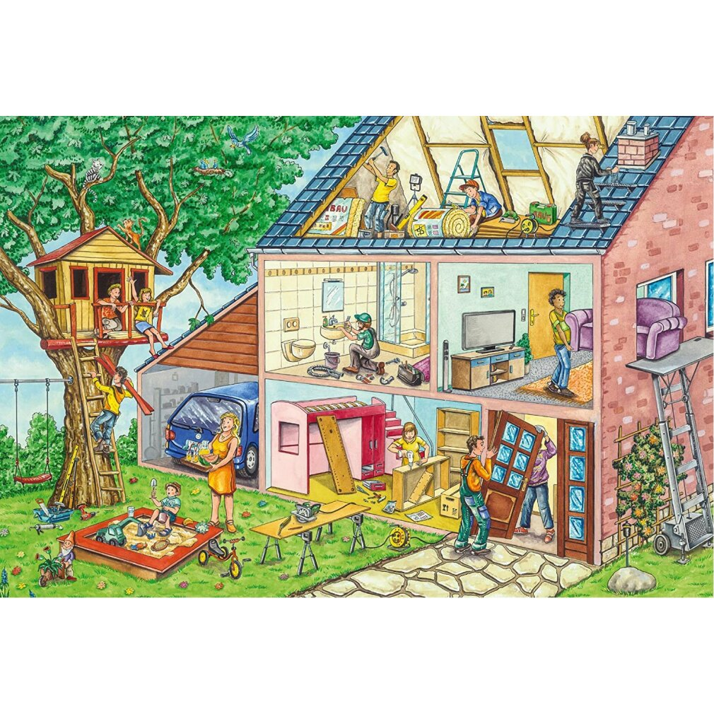 Ein Haus mit vielen Zimmern und Menschen, die daran arbeiten. Draußen sind ein Baumhaus und ein Sandkasten zu sehen. Bauarbeiten sind im Gange.