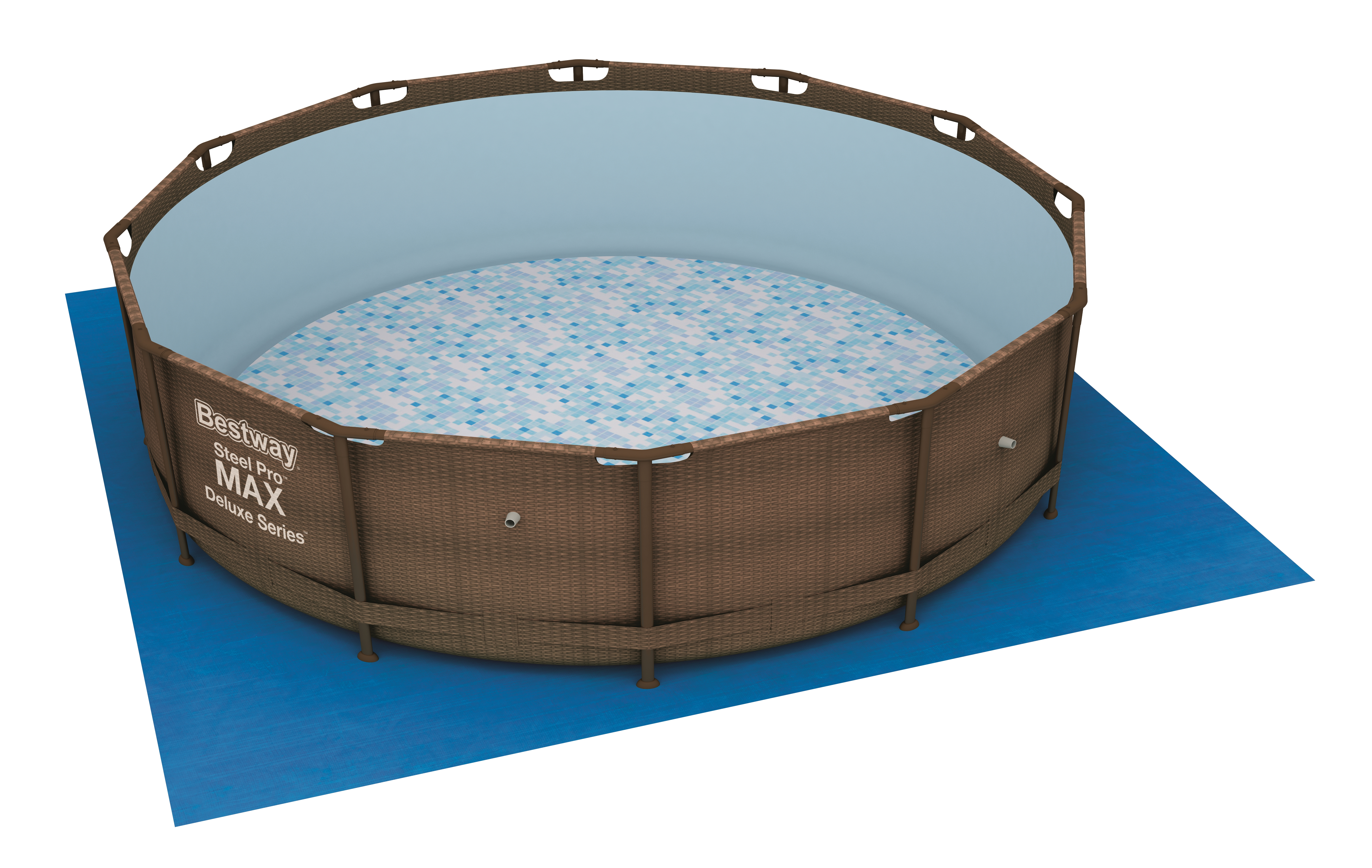 Ein runder Aufstellpool mit braunen Korbrändern steht auf einer blauen Matte. Das Becken ist mit Wasser gefüllt, blaue Fliesen sichtbar.