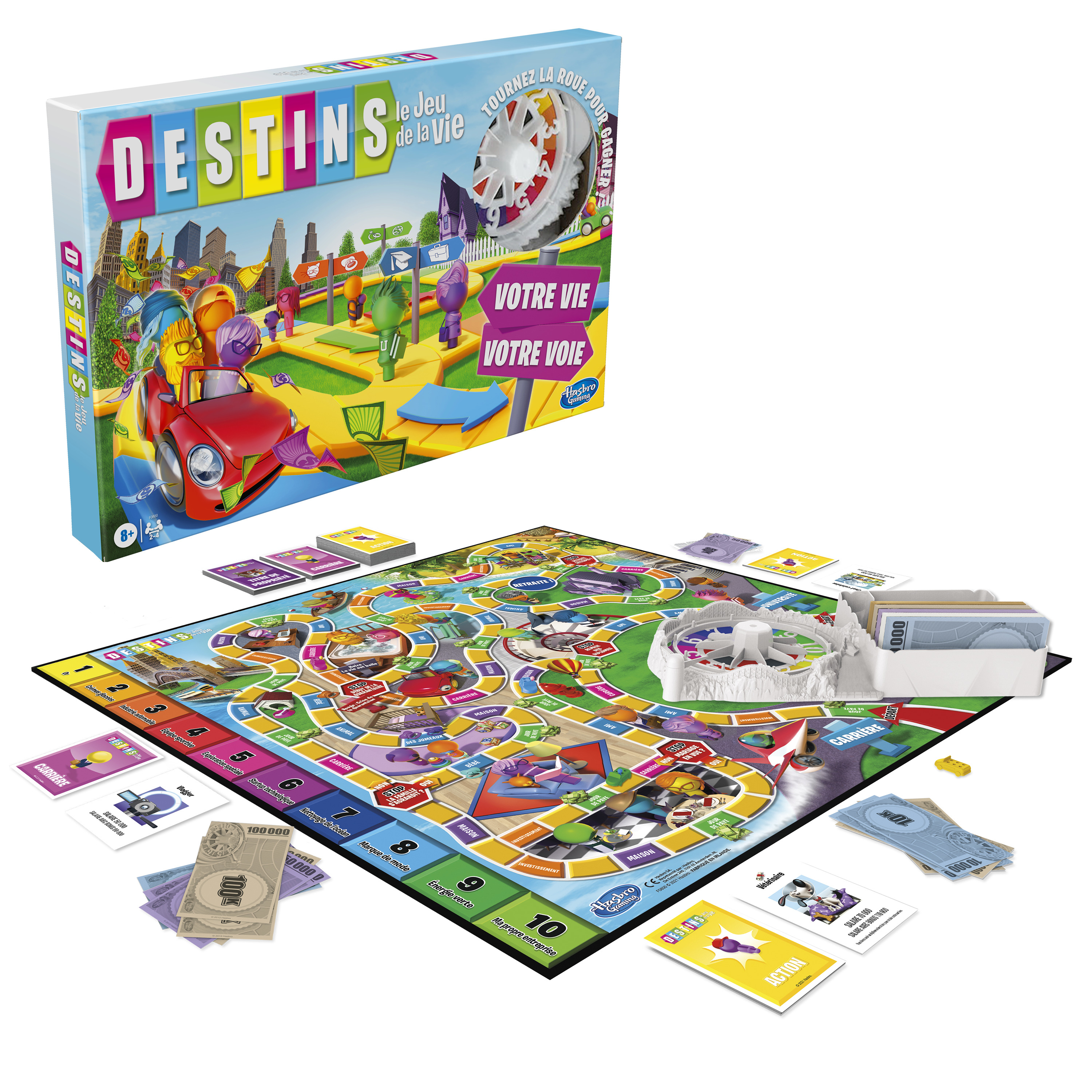 Het bordspel Game of Life wordt getoond. Het bevat een spelbord, kaarten, speelgeld en een draaiwiel.