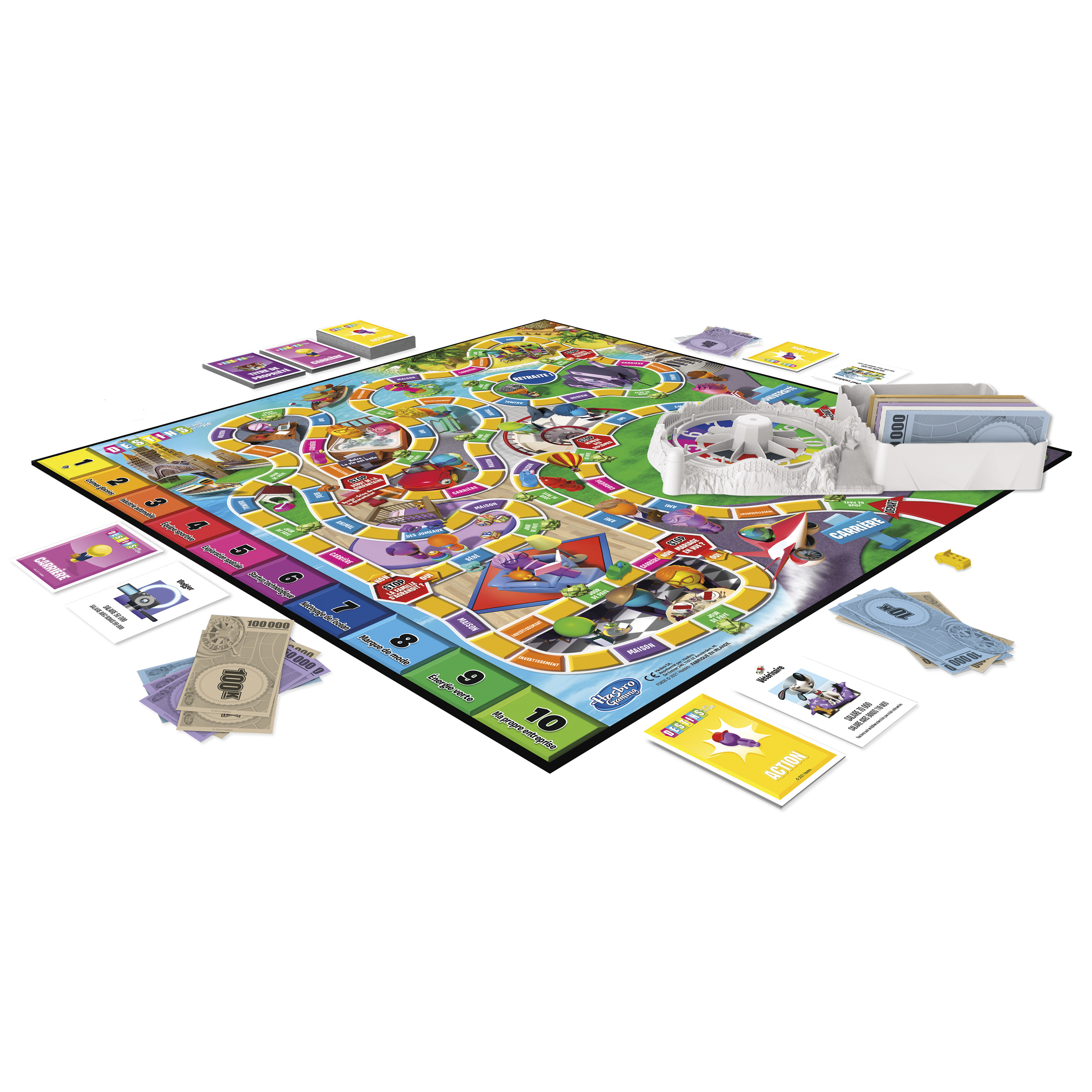 Bordspel 'The Game of Life' met kaarten, geld en fiches, op een witte achtergrond.