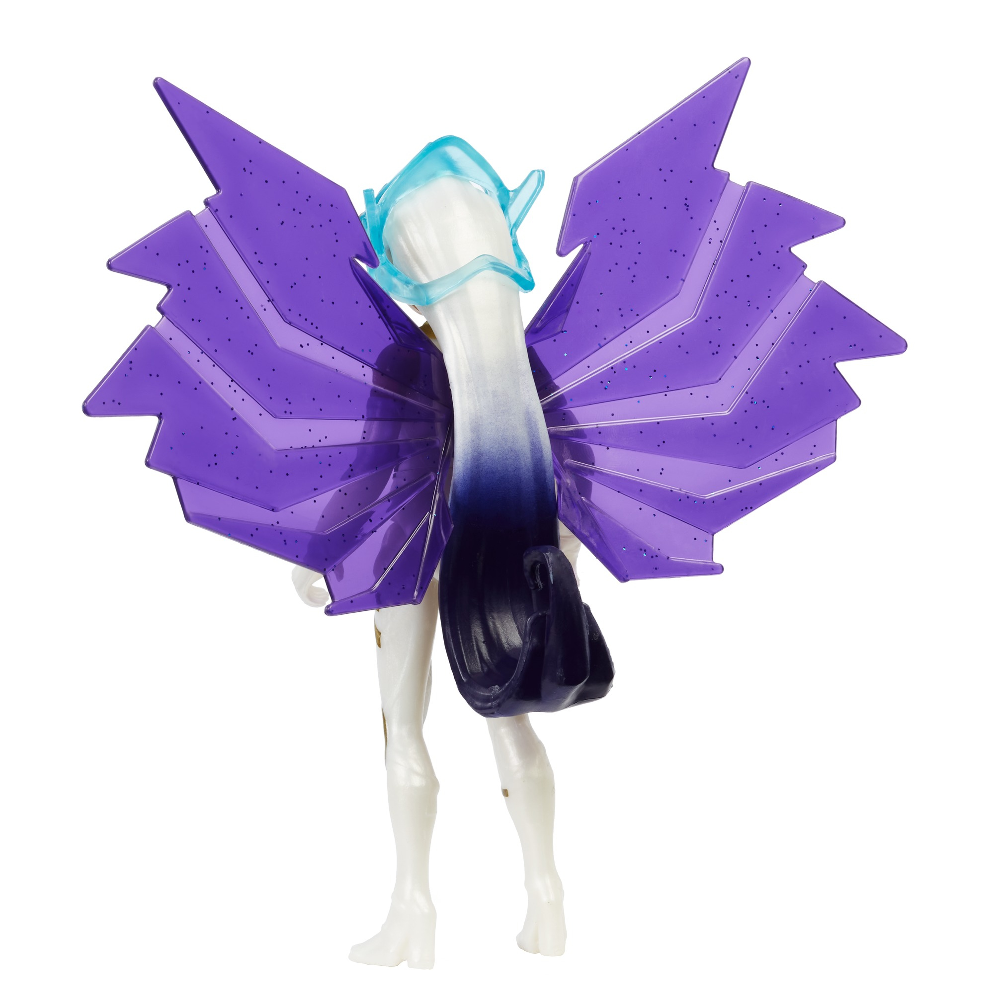 Figura de juguete con alas moradas, cuerpo blanco y adorno azul para la cabeza, sobre fondo blanco.