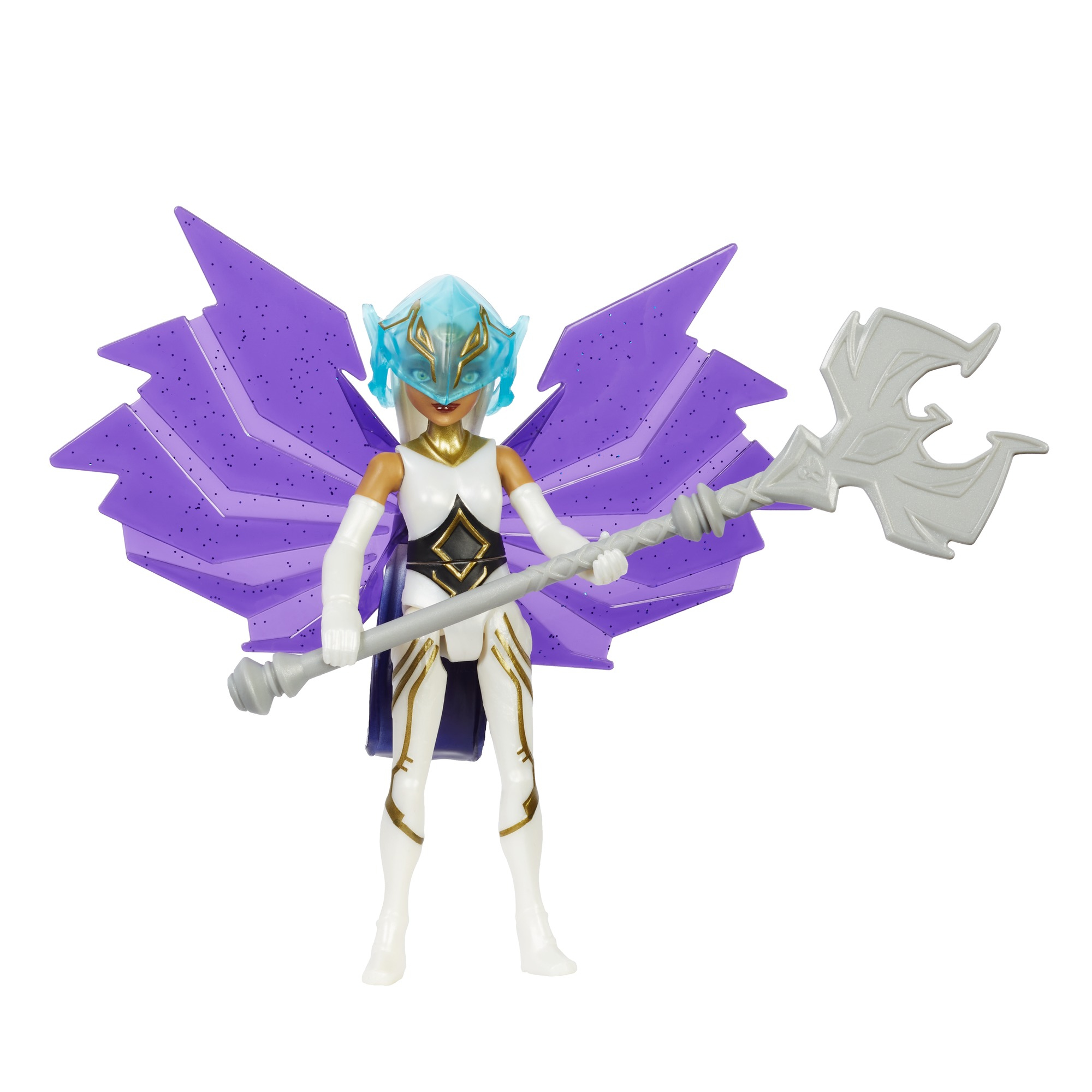 Una figura blanca con alas moradas y un cetro. Tiene un casco azul y dorado y sostiene un cetro.