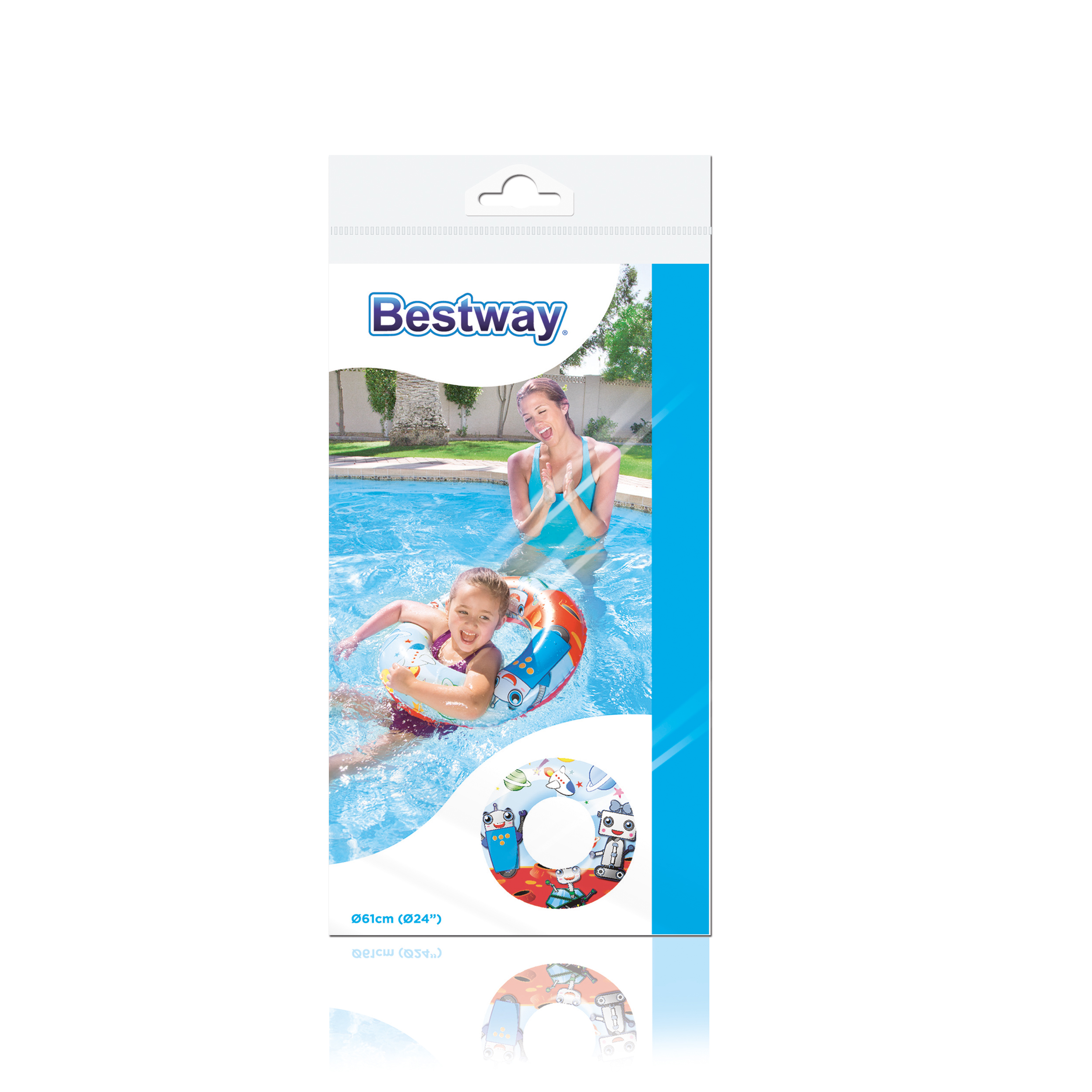 Un flotador Bestway en un paquete. Una niña está en el agua con un flotador similar.