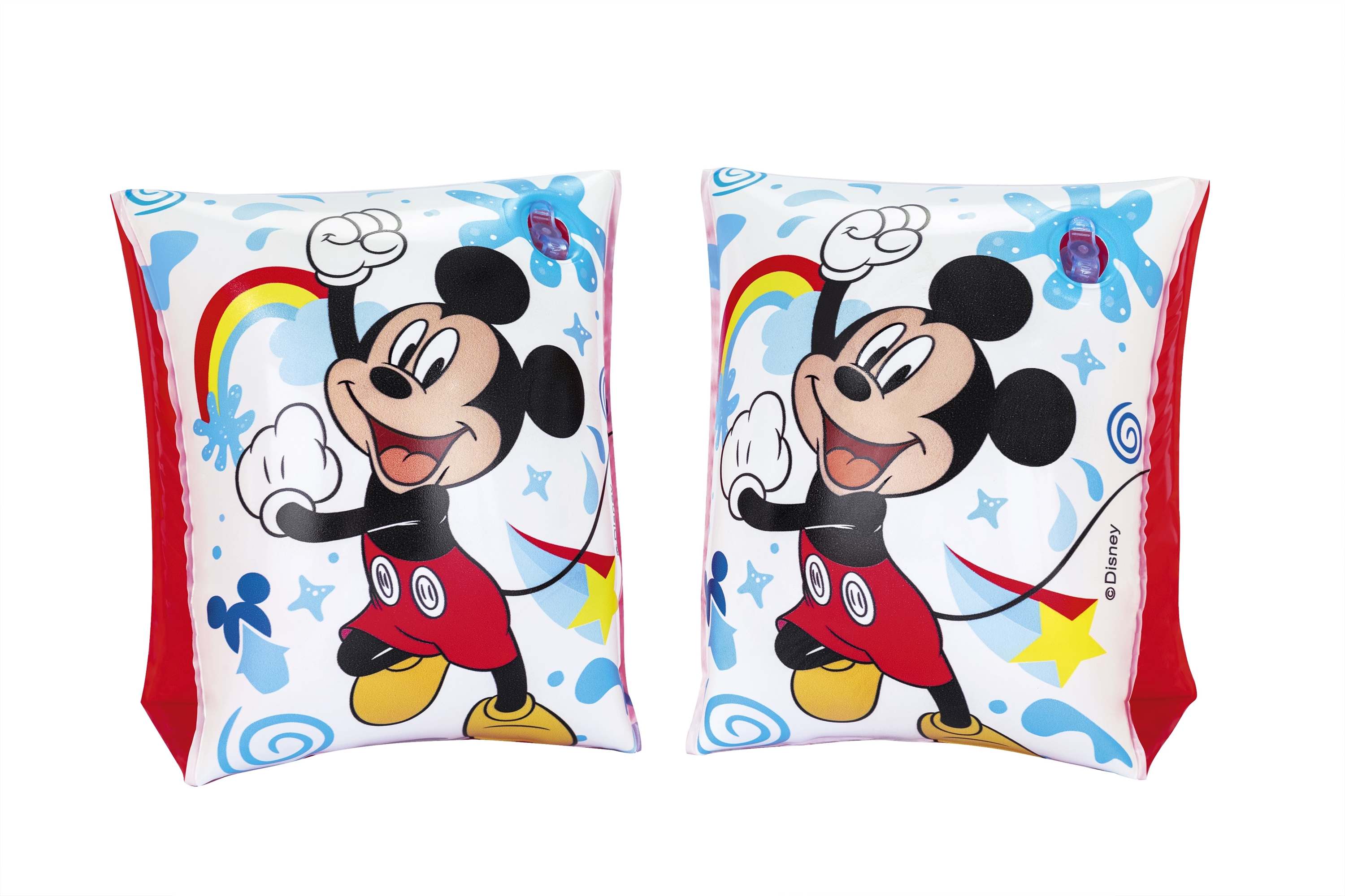 Zwei Schwimmflügel mit Mickey Mouse-Design. Weißer Hintergrund, roter Rand und Cartoon-Elemente. Disney-Branding.