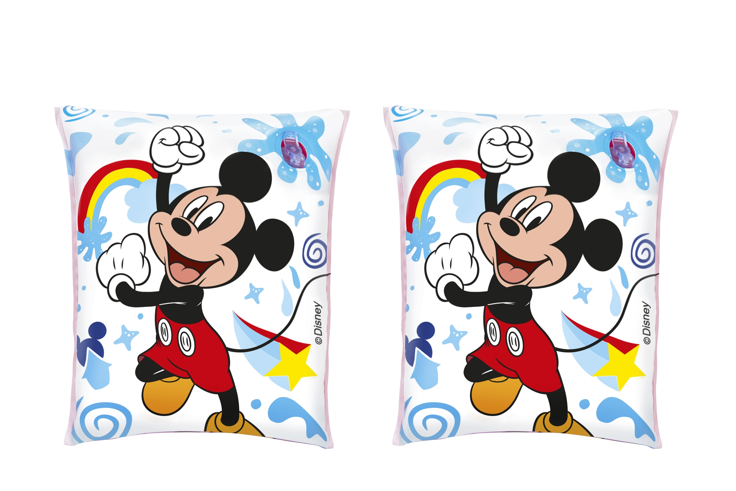 Zwei Kissen mit Mickey Mouse, Regenbogen und Sternen. Die Kissen haben einen rosa Rand.