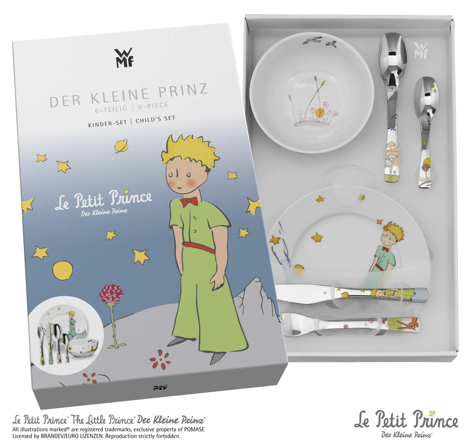 Un set di stoviglie per bambini, 'Le Petit Prince', in una scatola con un disegno del Piccolo Principe e piatti, ciotole e posate all'interno.