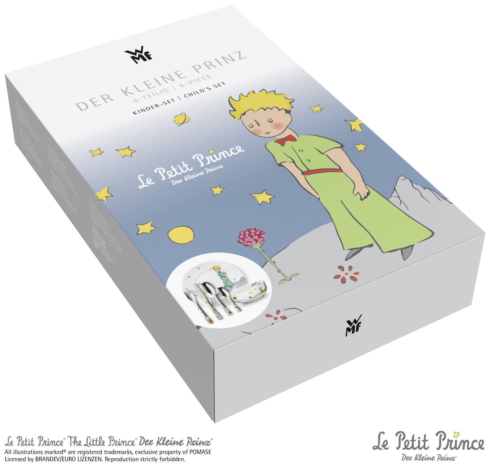 L'arte della scatola presenta Il Piccolo Principe. La scatola ha un disegno del principe, stelle e il nome del prodotto.
