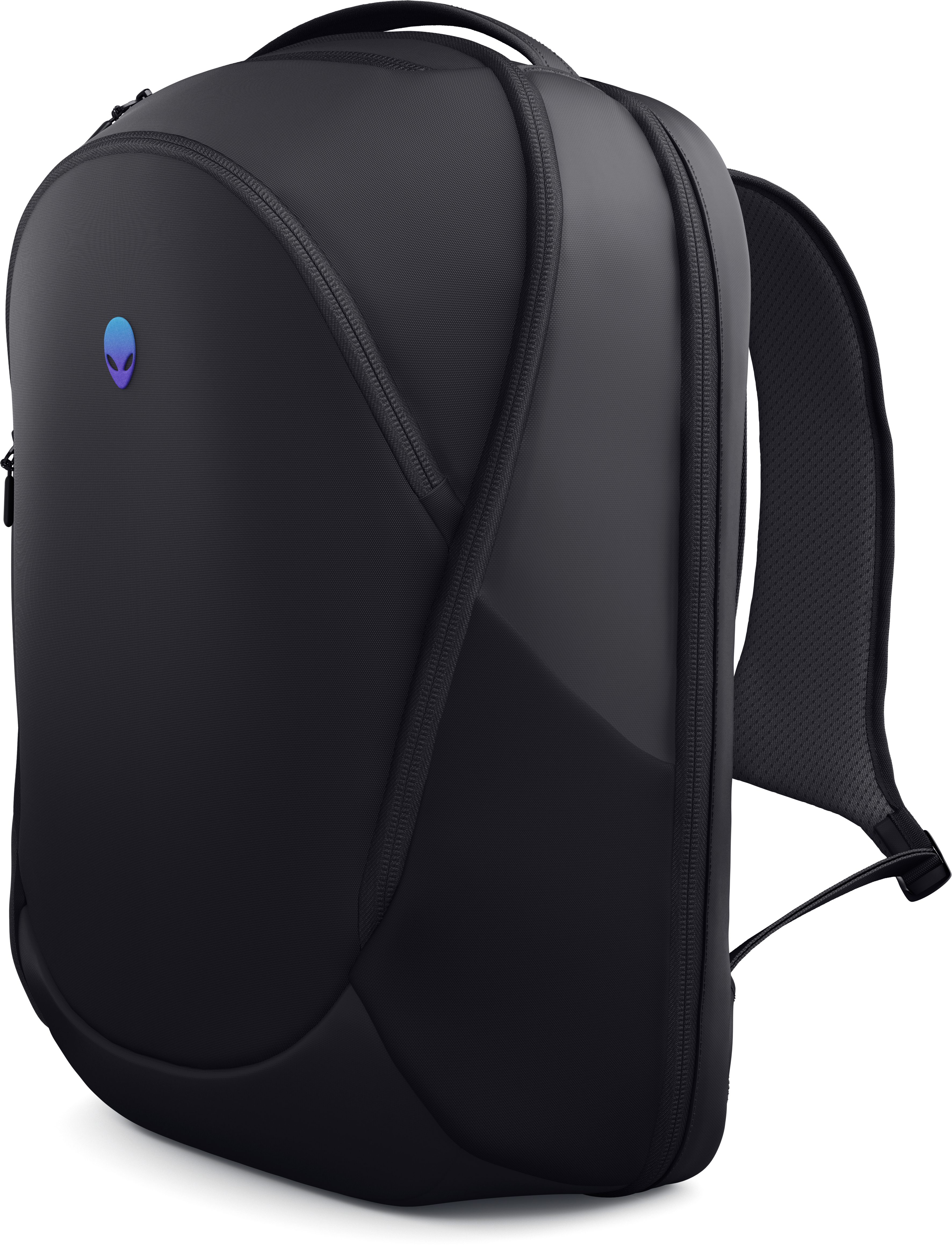 Ein schwarzer Rucksack mit Reißverschluss, Alienware-Logo und gepolsterten Trägern. Der Hintergrund ist weiß.