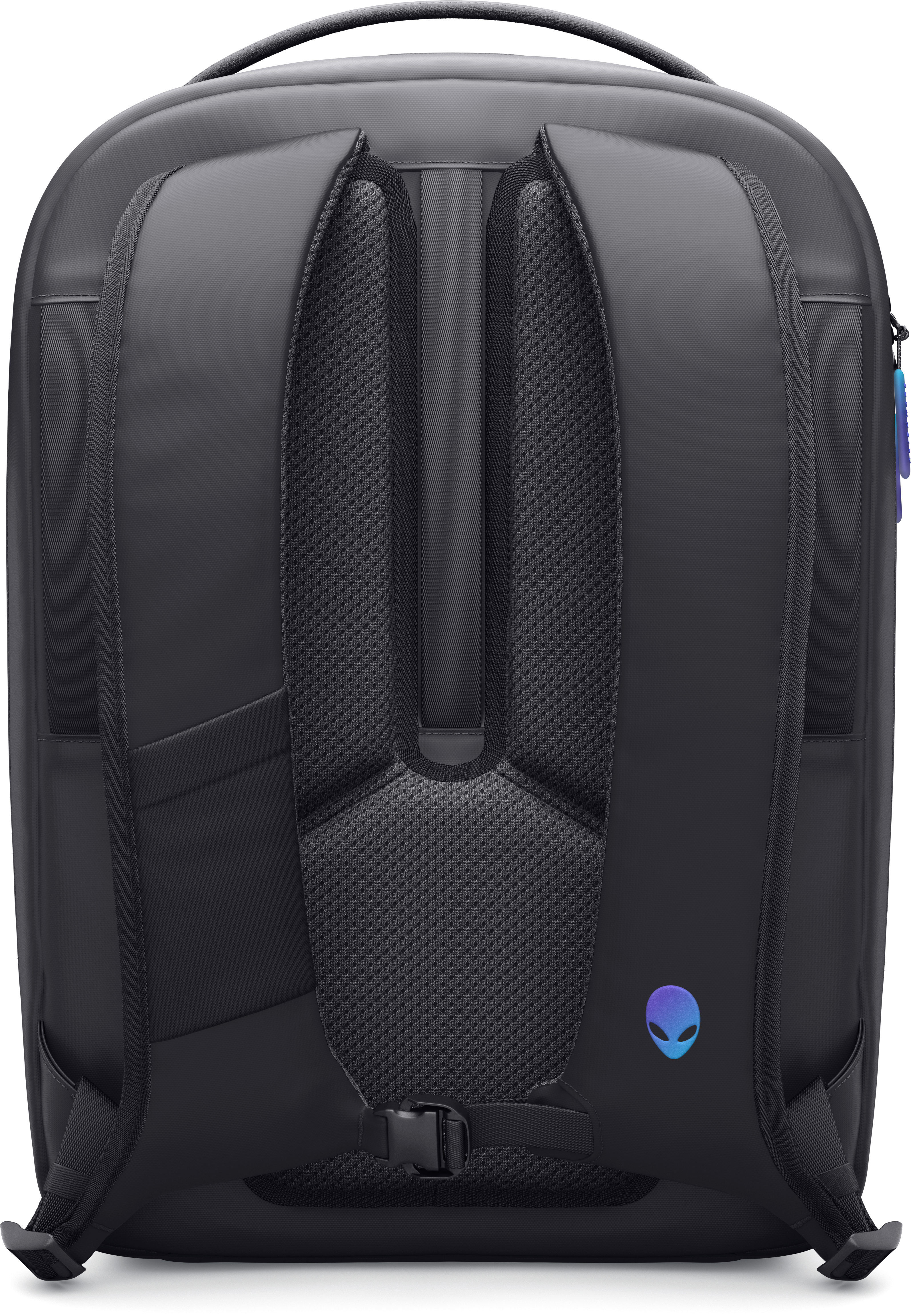 Rückansicht eines schwarzen Rucksacks mit Mesh-Rückenteil, Trägern und einem Alienware-Logo.