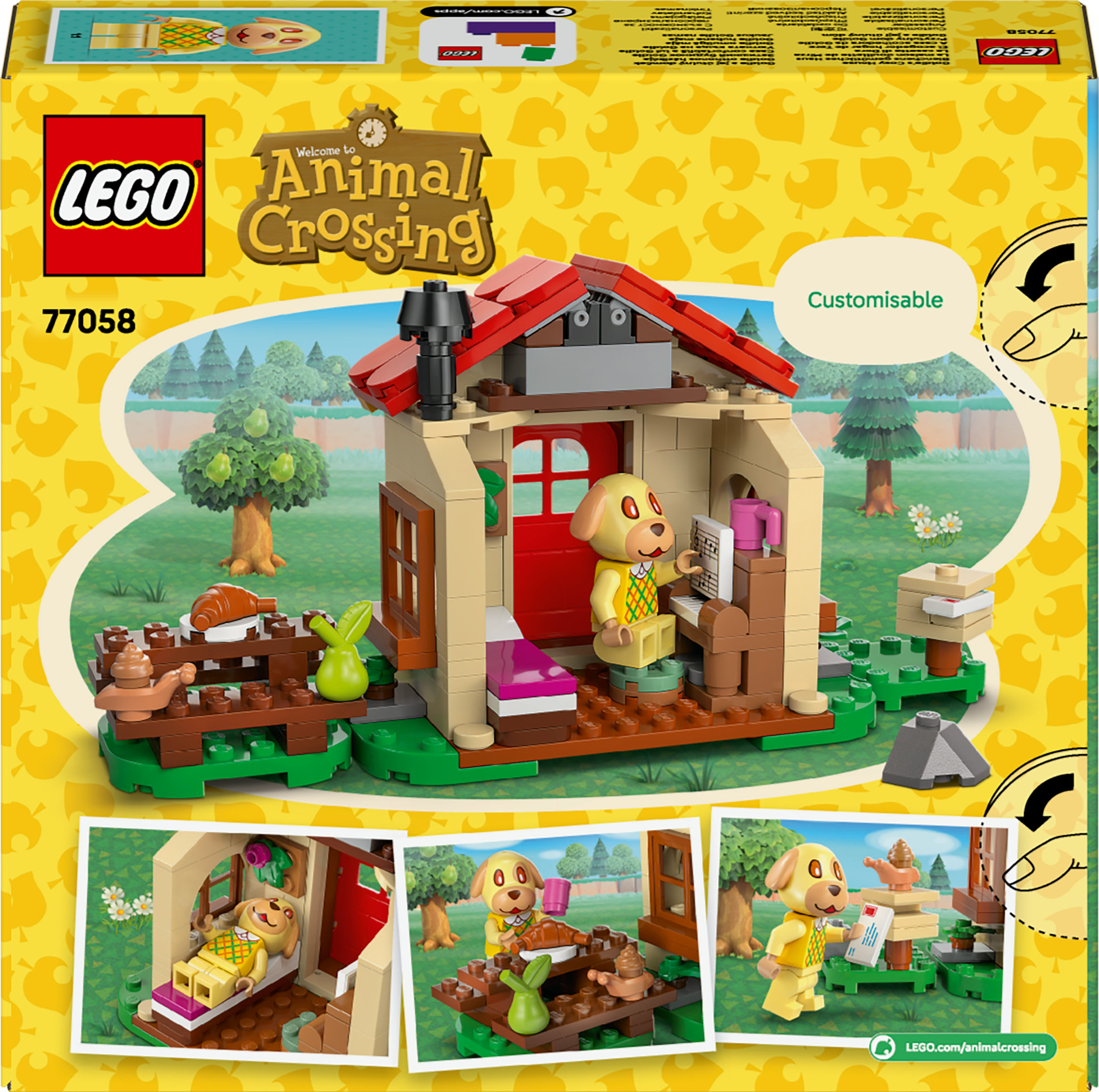 Zestaw Lego przedstawiający scenę z Animal Crossing z domem, postacią przypominającą psa, drzewami i różnymi akcesoriami.