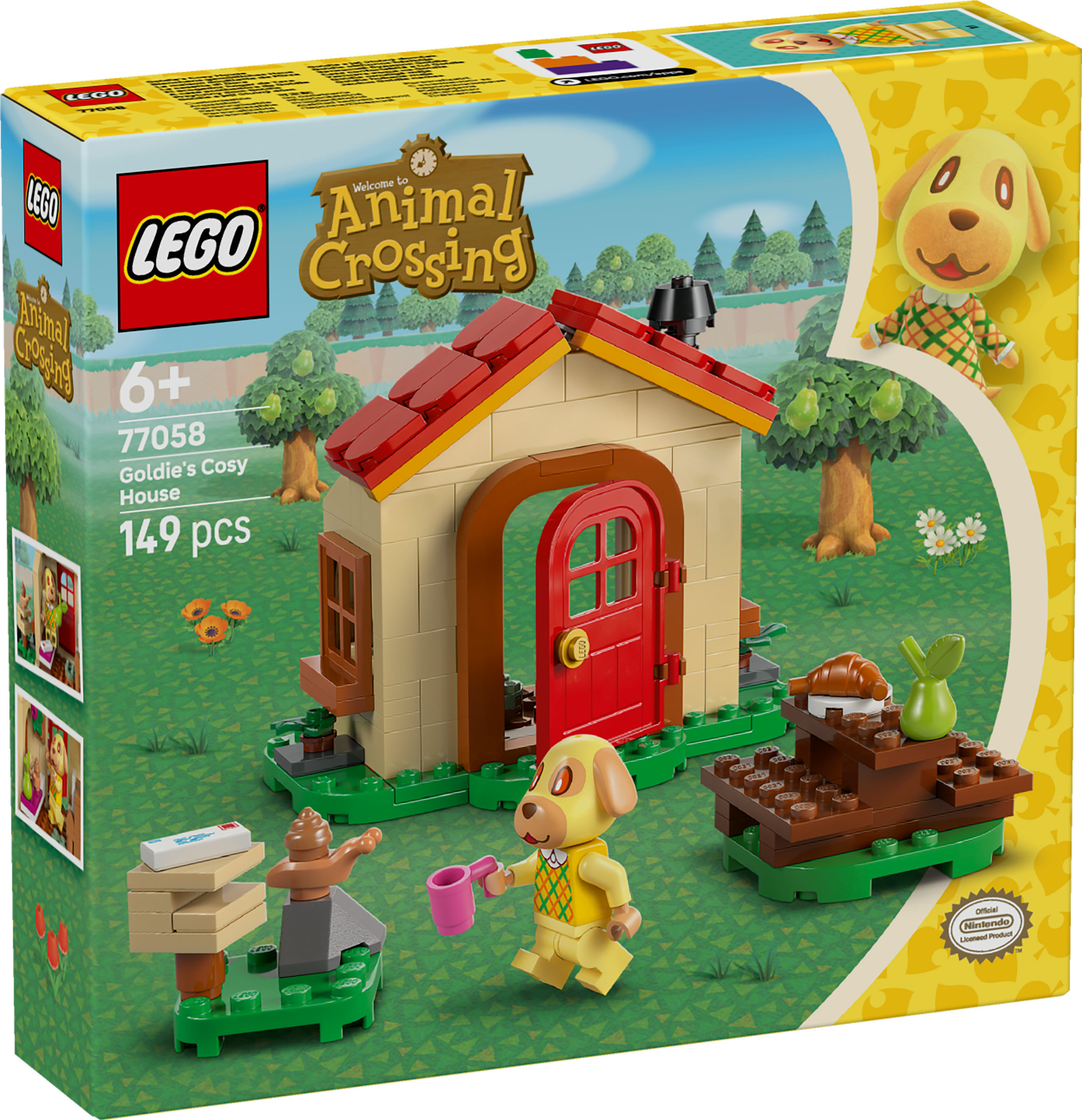 Zestaw Lego przedstawiający dom Goldie z Animal Crossing. Zawiera dom, figurkę Goldie, akcesoria i logo Lego.