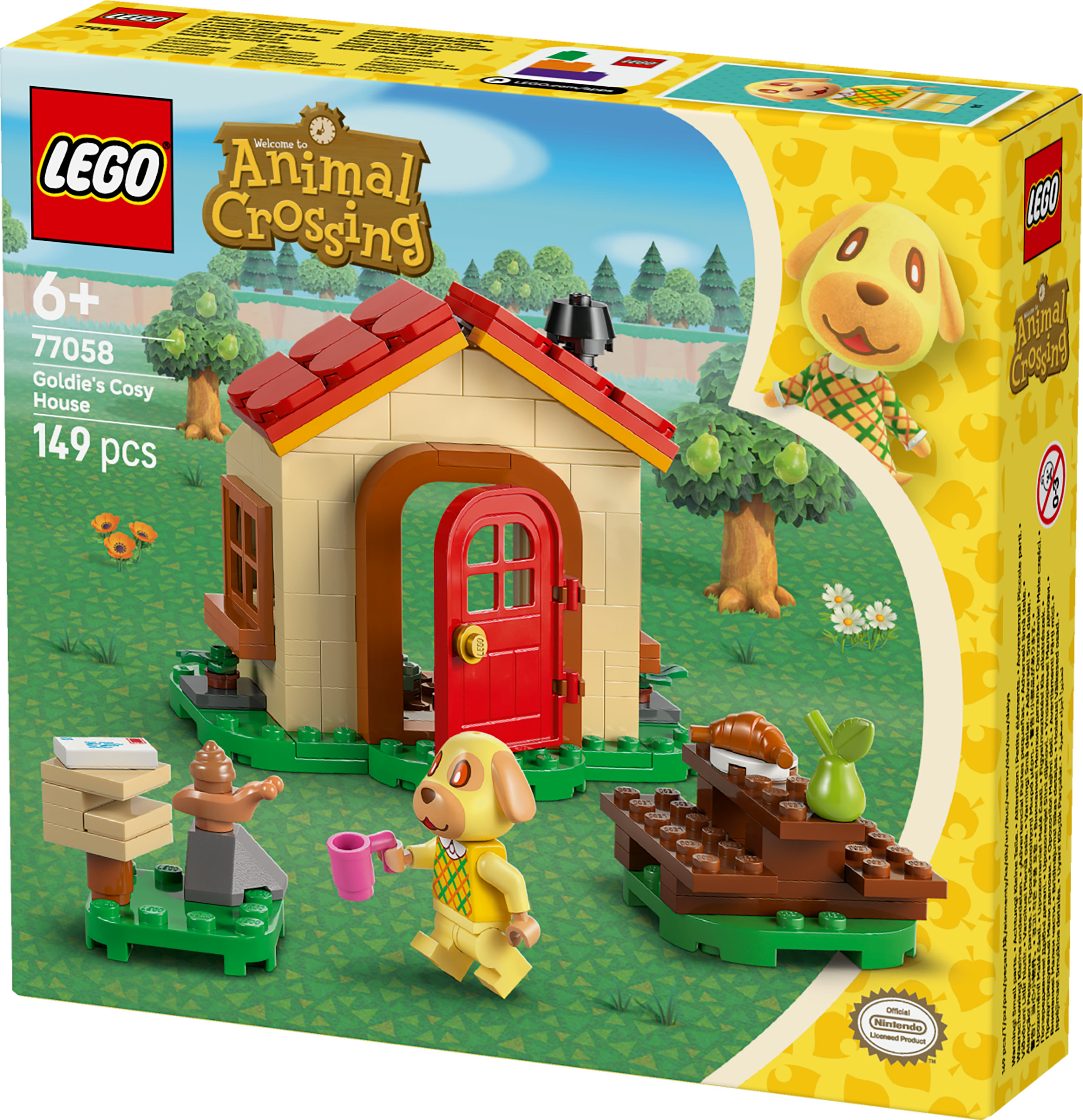 Zestaw Lego Animal Crossing. Zawiera Goldie, dom, meble i akcesoria na trawiastym podłożu.