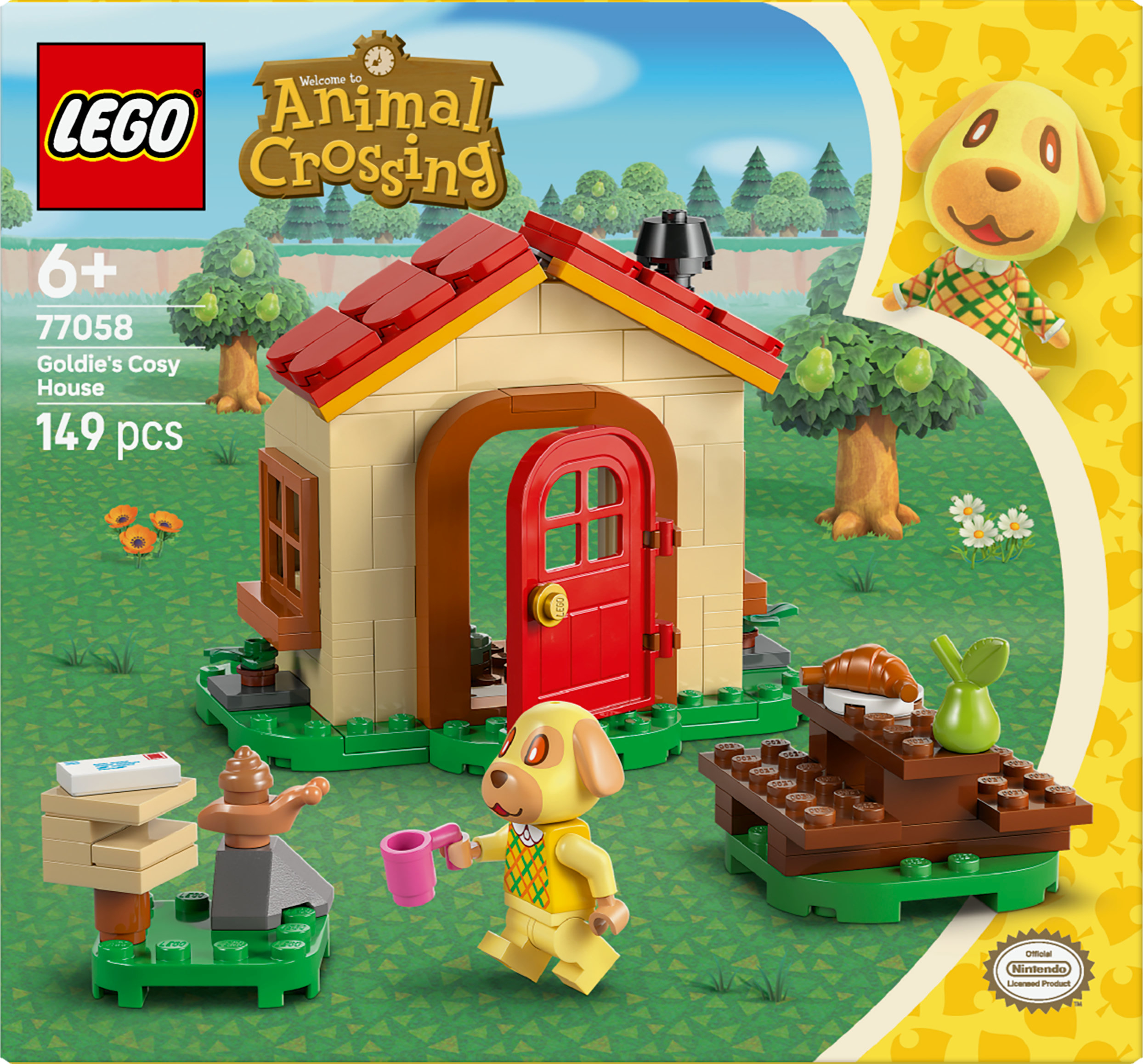 Zestaw LEGO Animal Crossing. Zawiera dom z czerwonymi drzwiami, figurkę psa z różowym kubkiem i akcesoriami.