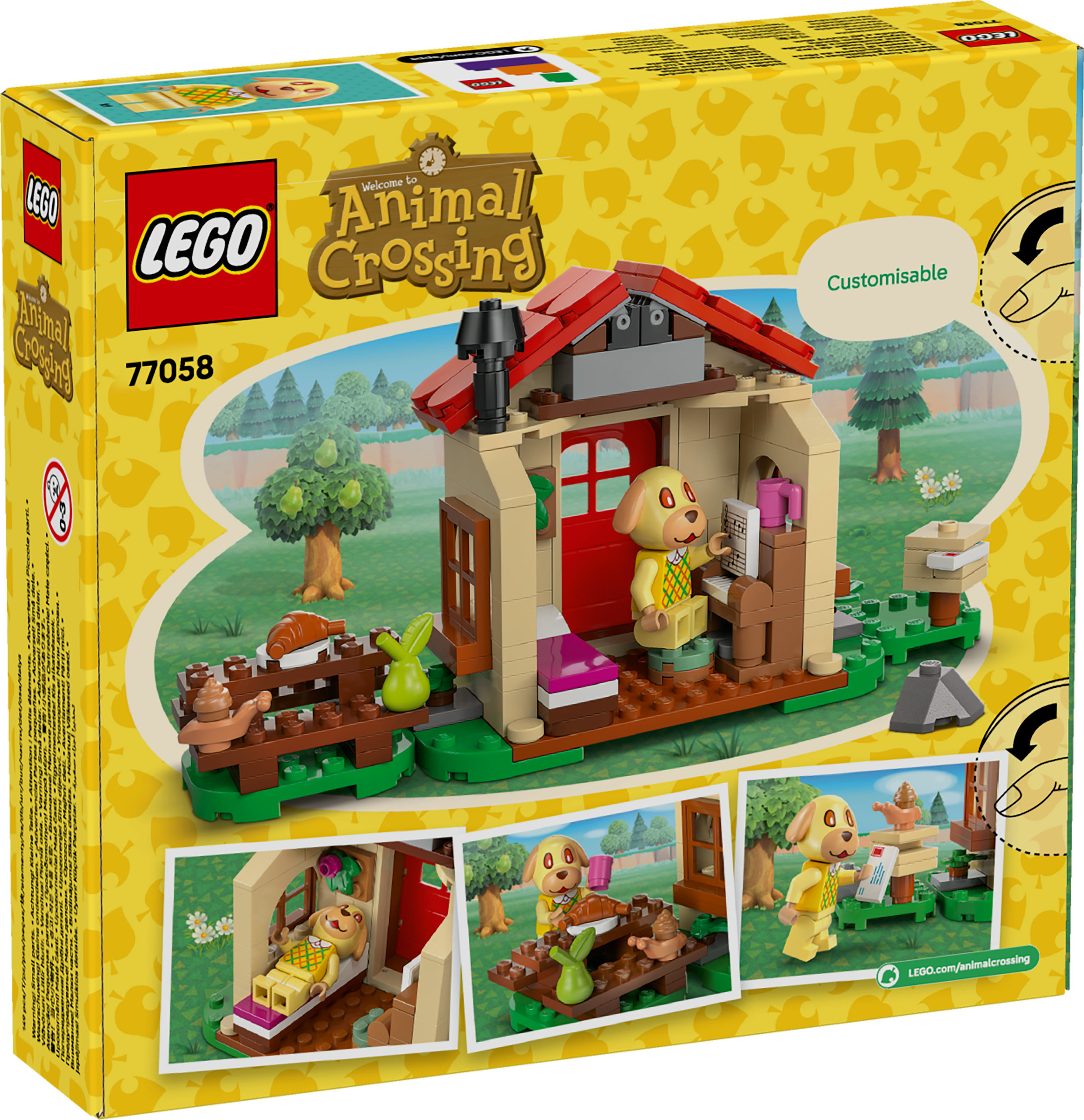 Pudełko Lego z zestawem Animal Crossing. Pokazuje dom z postacią psa, drzewami i małymi figurkami.