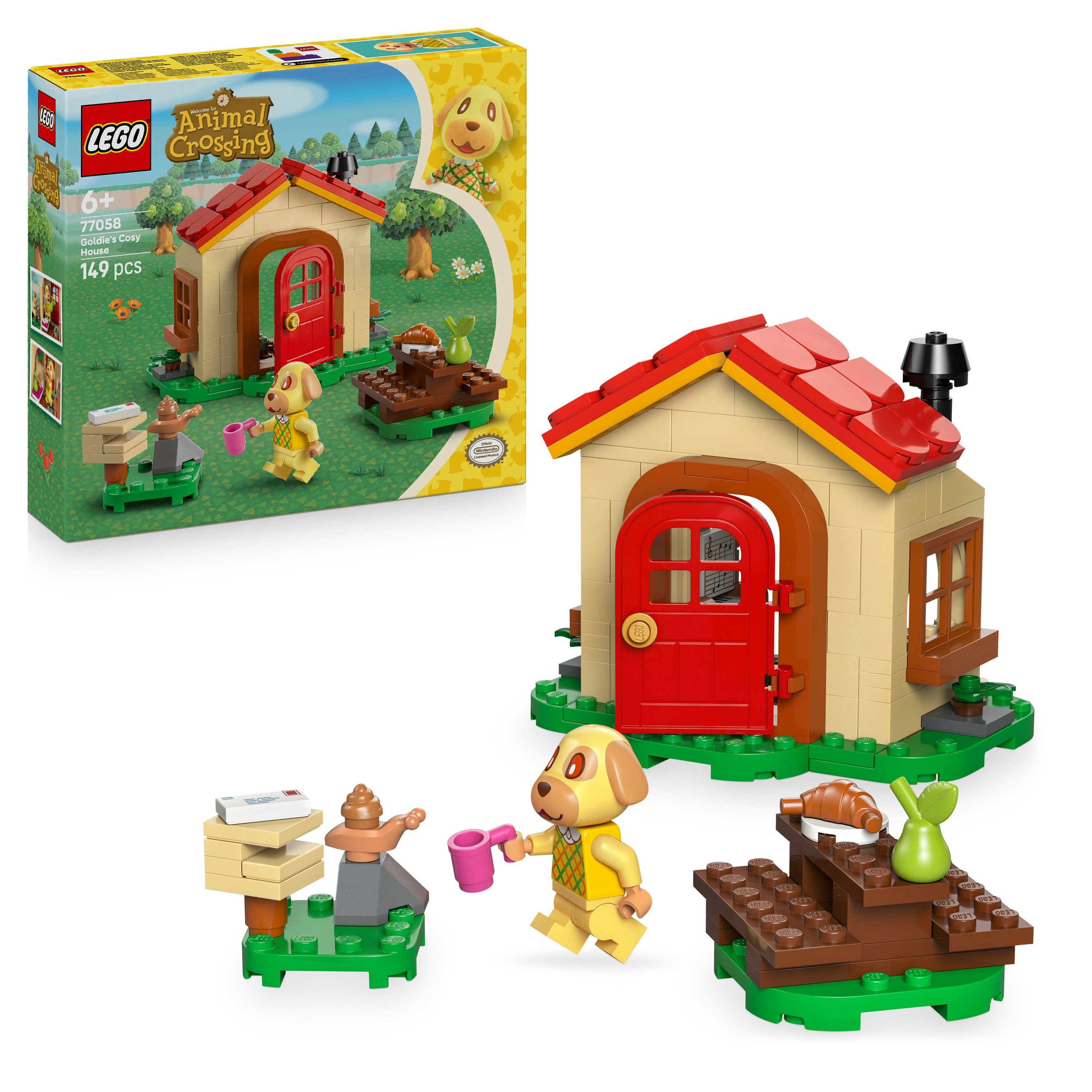Zestaw Lego przedstawiający dom Goldie z Animal Crossing. Zawiera figurkę Goldie, dom, meble i akcesoria.