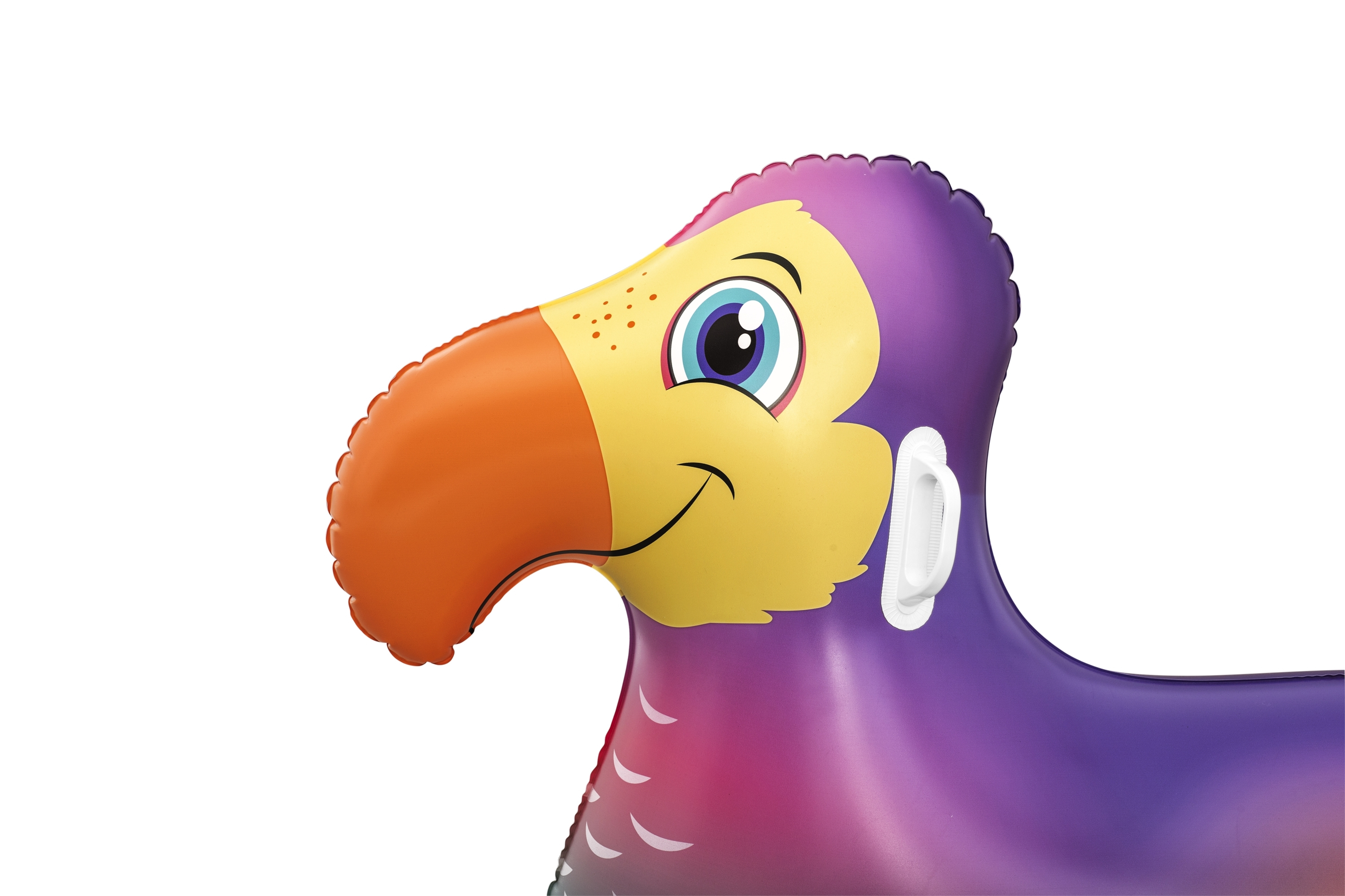 Nadmuchiwany pływak w kształcie ptaka. Ma żółtą głowę, pomarańczowy dziób, fioletowy korpus i uchwyt.