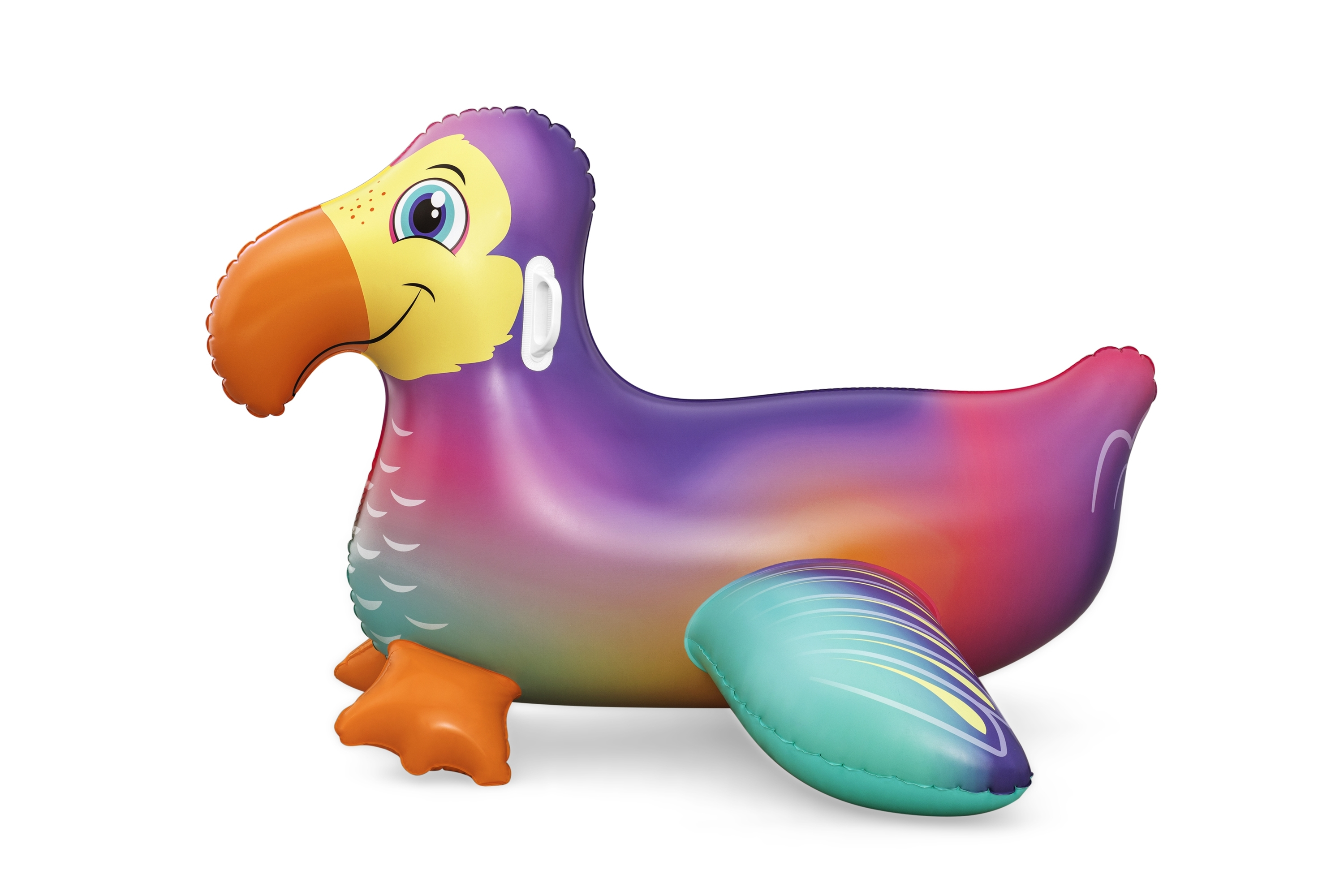 Nadmuchiwany ptak z żółtą głową, pomarańczowym dziobem i fioletowym ciałem. Ma niebieskie skrzydło i pomarańczowe nogi.