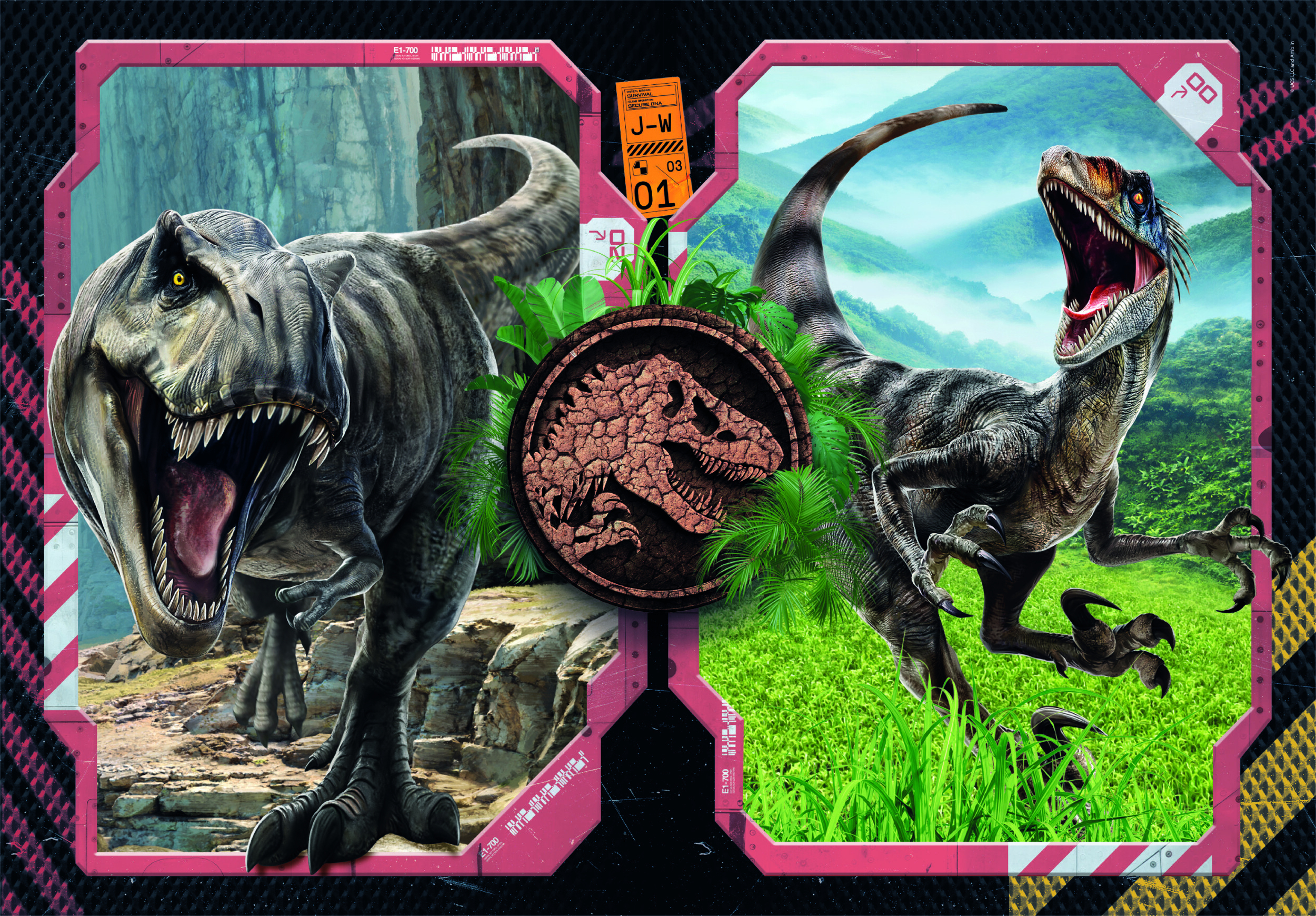 L'image montre un T-Rex et un Vélociraptor. Le T-Rex est à gauche et le Raptor à droite de l'image.