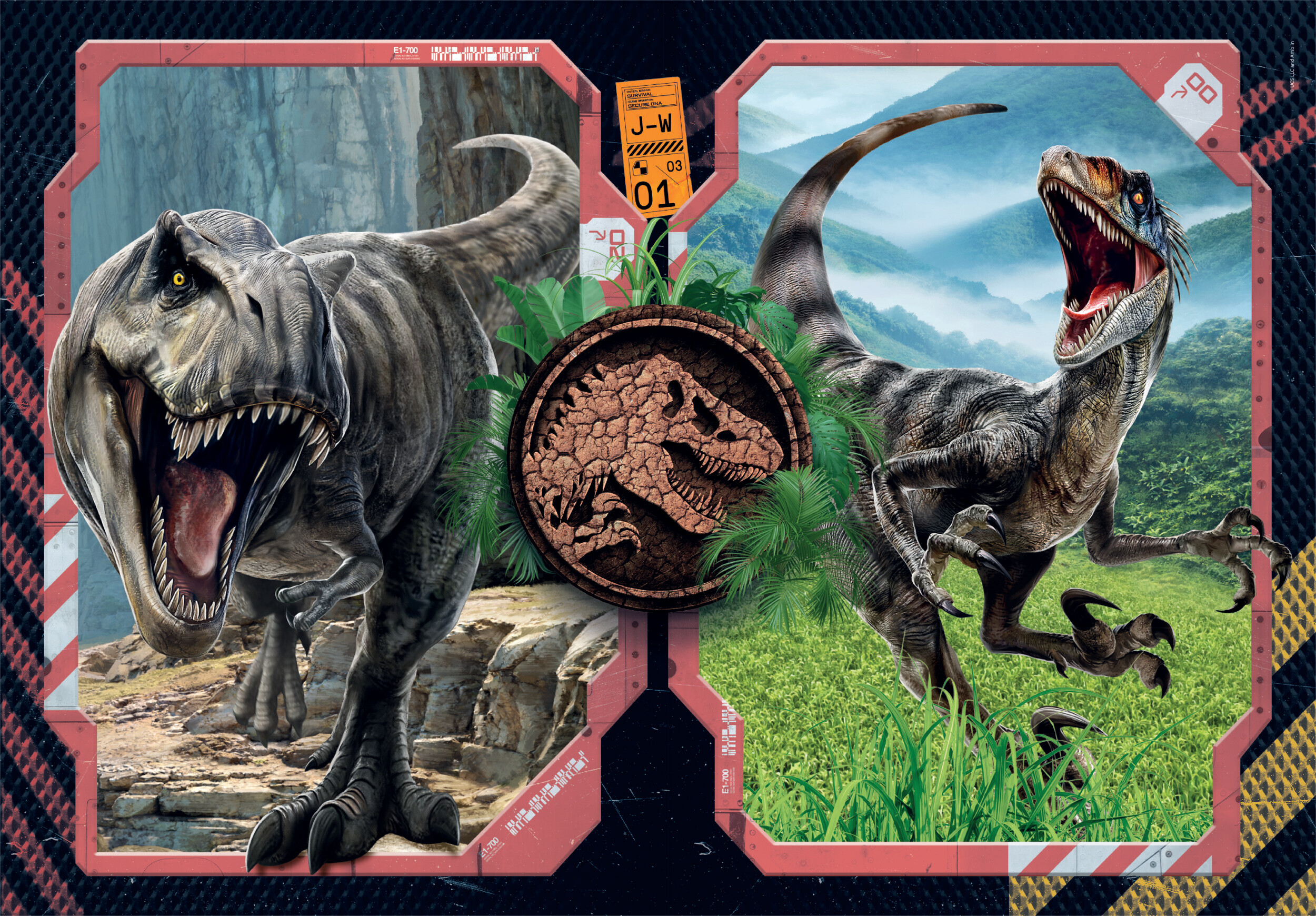 Un T-Rex et un vélociraptor se font face dans une image sur le thème de Jurassic Park. Le vélociraptor a la bouche grande ouverte.
