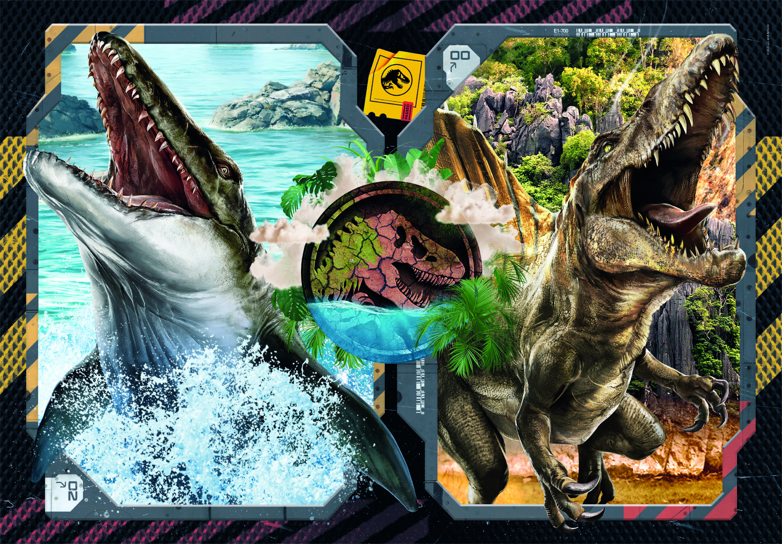 Une image sur le thème de Jurassic World. Un mosasaure et un Tyrannosaurus rex se font face. Le logo est au milieu.