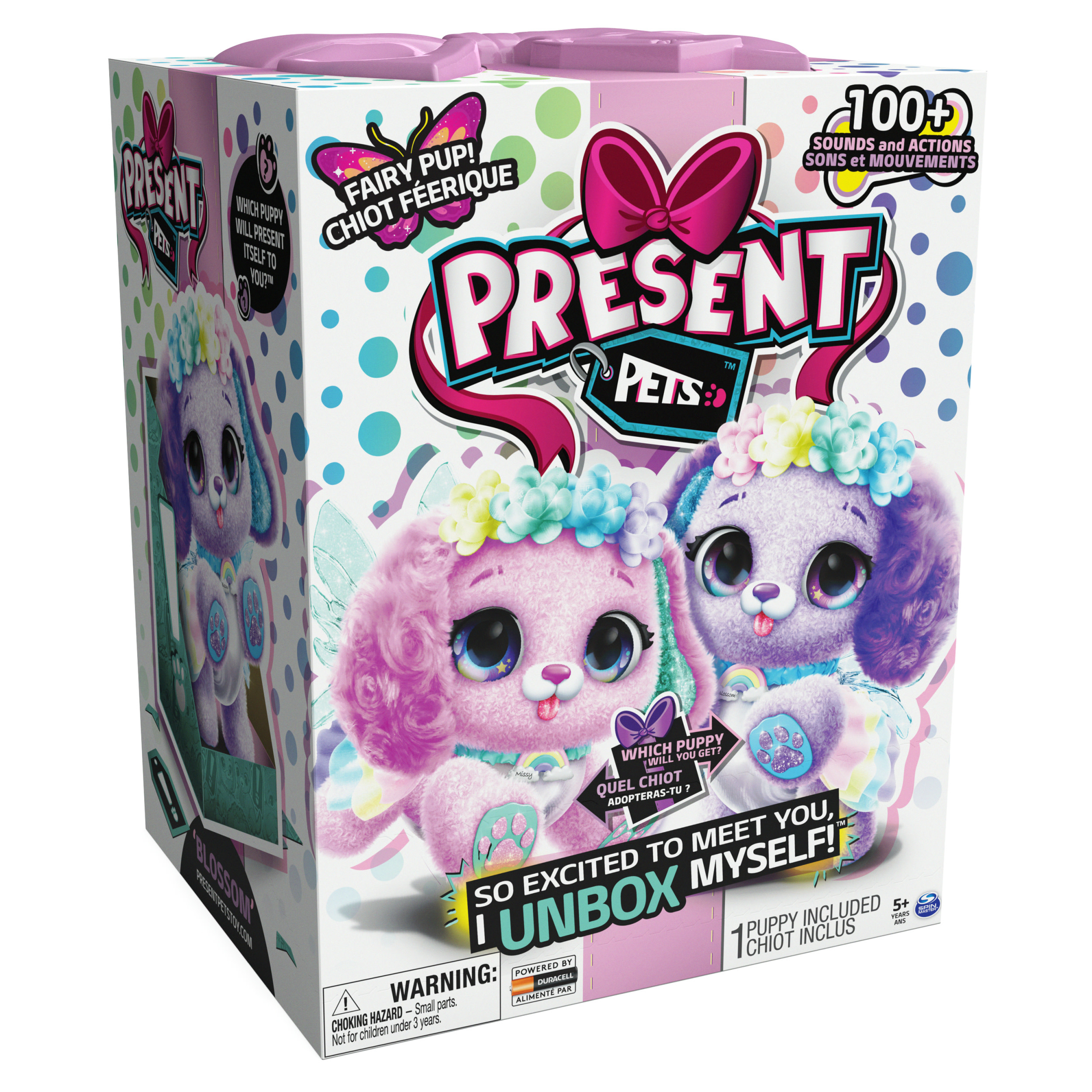 Pudełko przedstawia dwa zabawki szczeniaki z kwiatowymi koronami. Tekst mówi 'Present Pets', 'Fairy Pup' i 'Unbox Myself!'