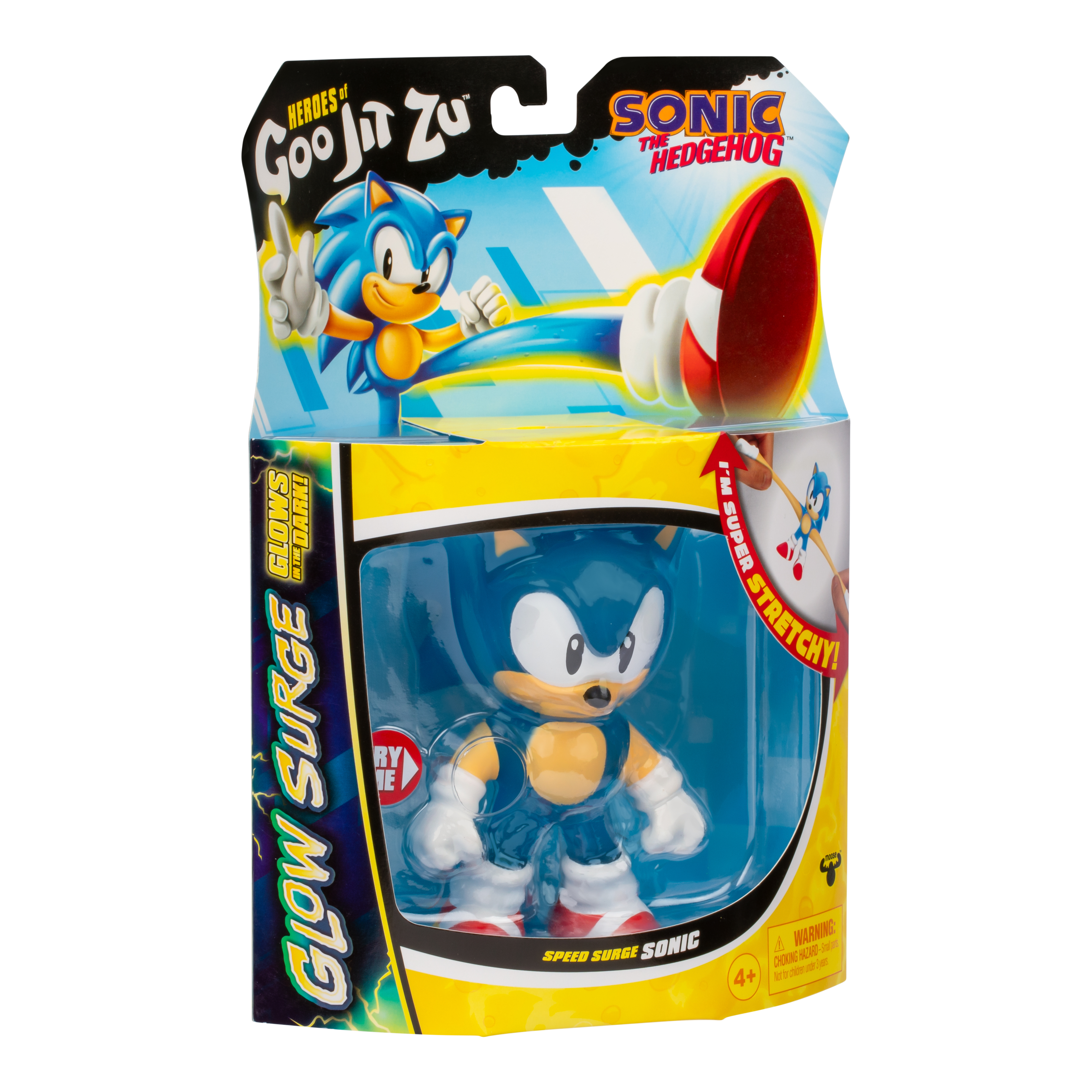 Ein Sonic the Hedgehog-Spielzeug in einer Verpackung. Die Verpackung hat Text und Bilder von Sonic. Das Spielzeug ist blau, gelb und weiß.