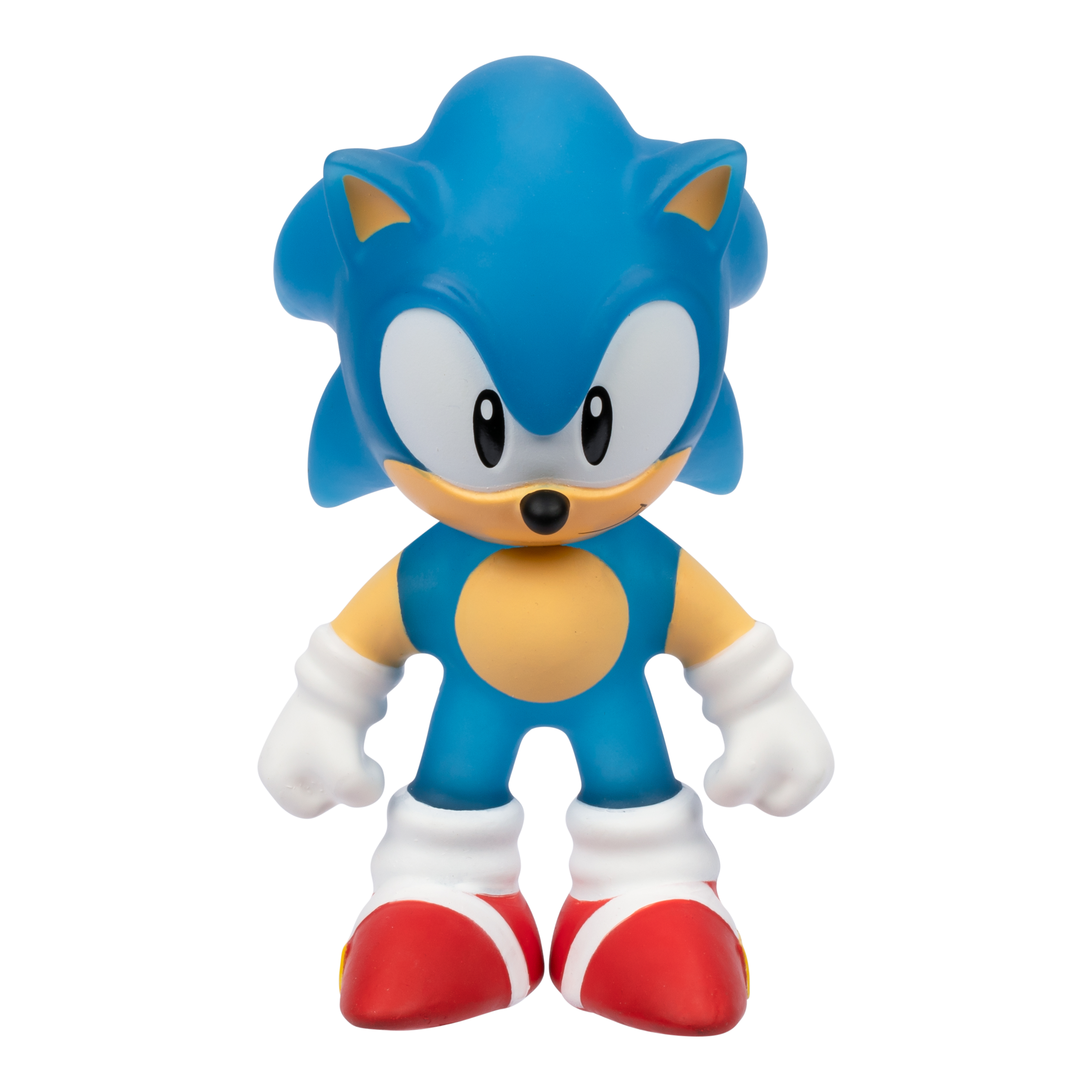 Eine blaue Sonic the Hedgehog-Spielfigur steht vor weißem Hintergrund. Er hat weiße Handschuhe und rote Schuhe.