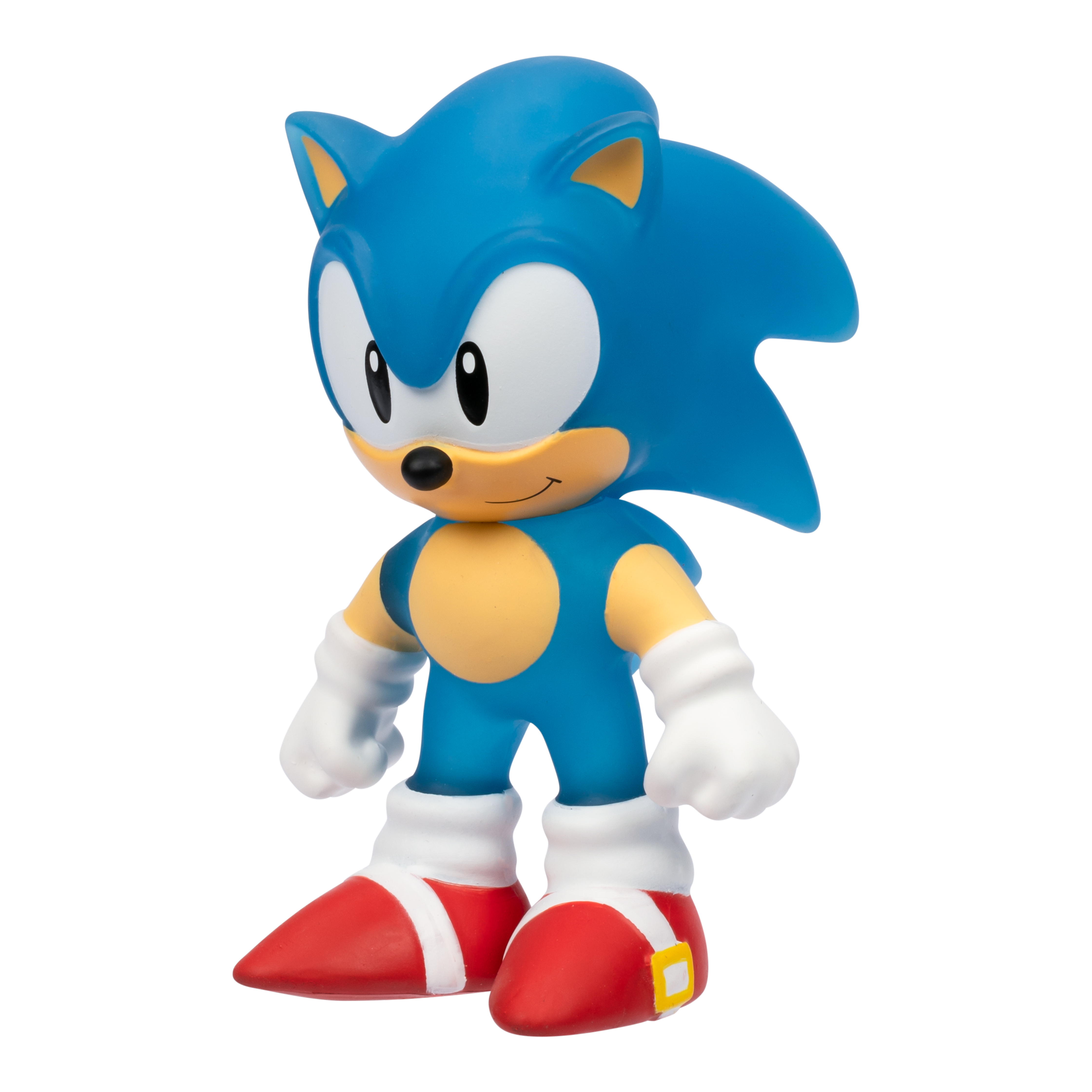 Eine Sonic the Hedgehog-Figur. Sie hat einen blauen Körper und Kopf, weiße Handschuhe und rote Schuhe. Der Hintergrund ist weiß.