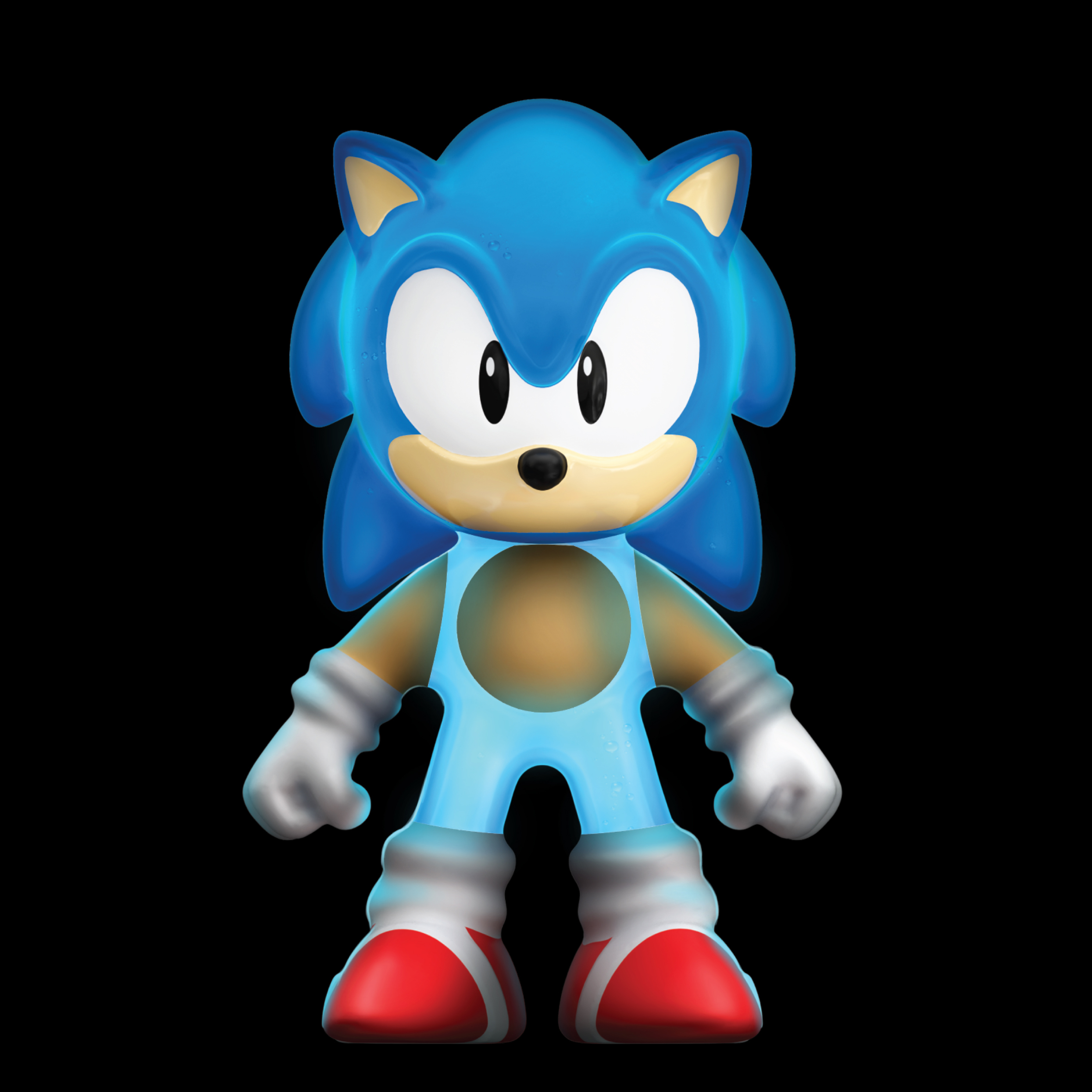 Eine blaue Sonic the Hedgehog-Figur mit weißen Handschuhen und roten Schuhen, vor schwarzem Hintergrund.