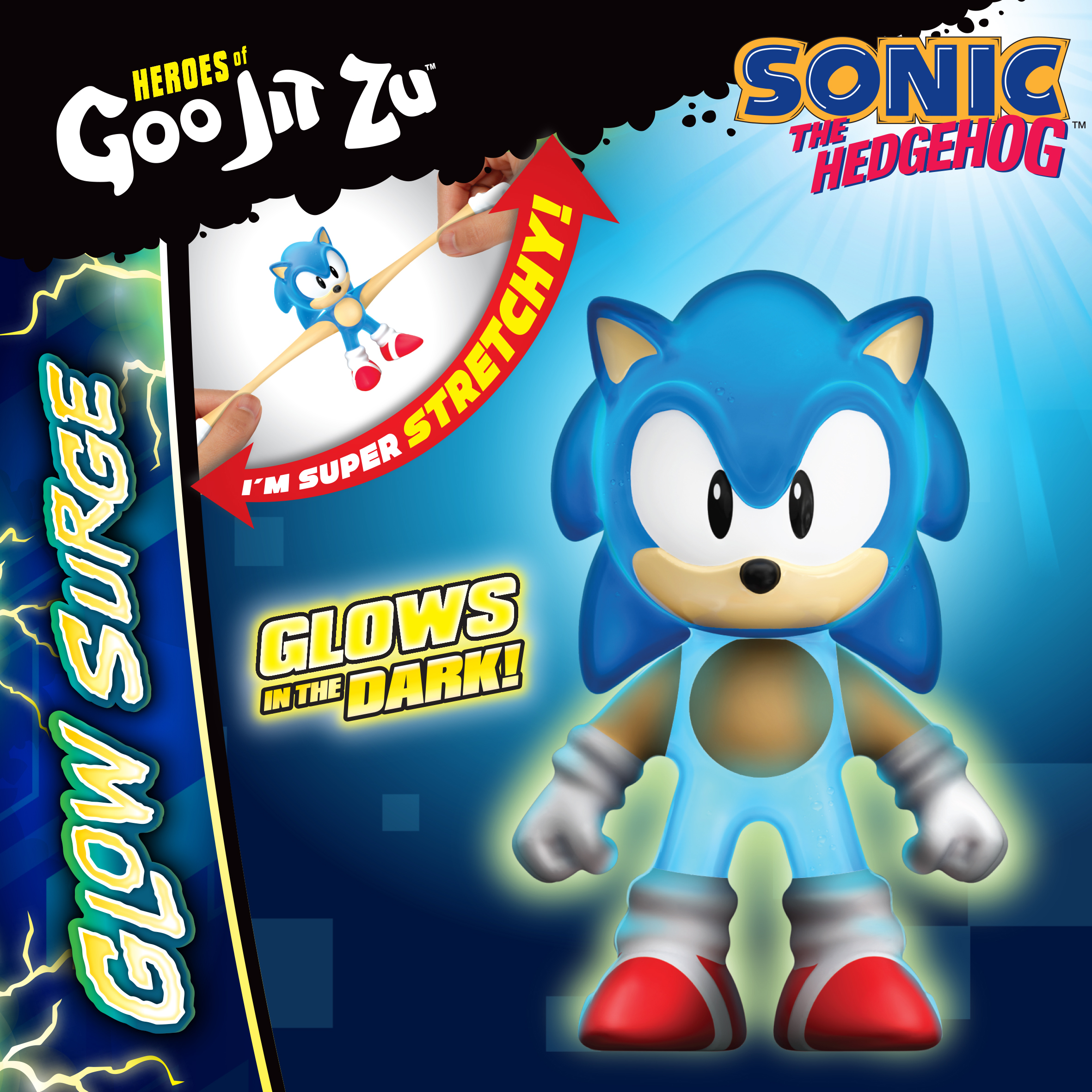 Ein Sonic-Spielzeug wird gedehnt. Der Text lautet 'Glow Surge' und 'Glows in the Dark!'