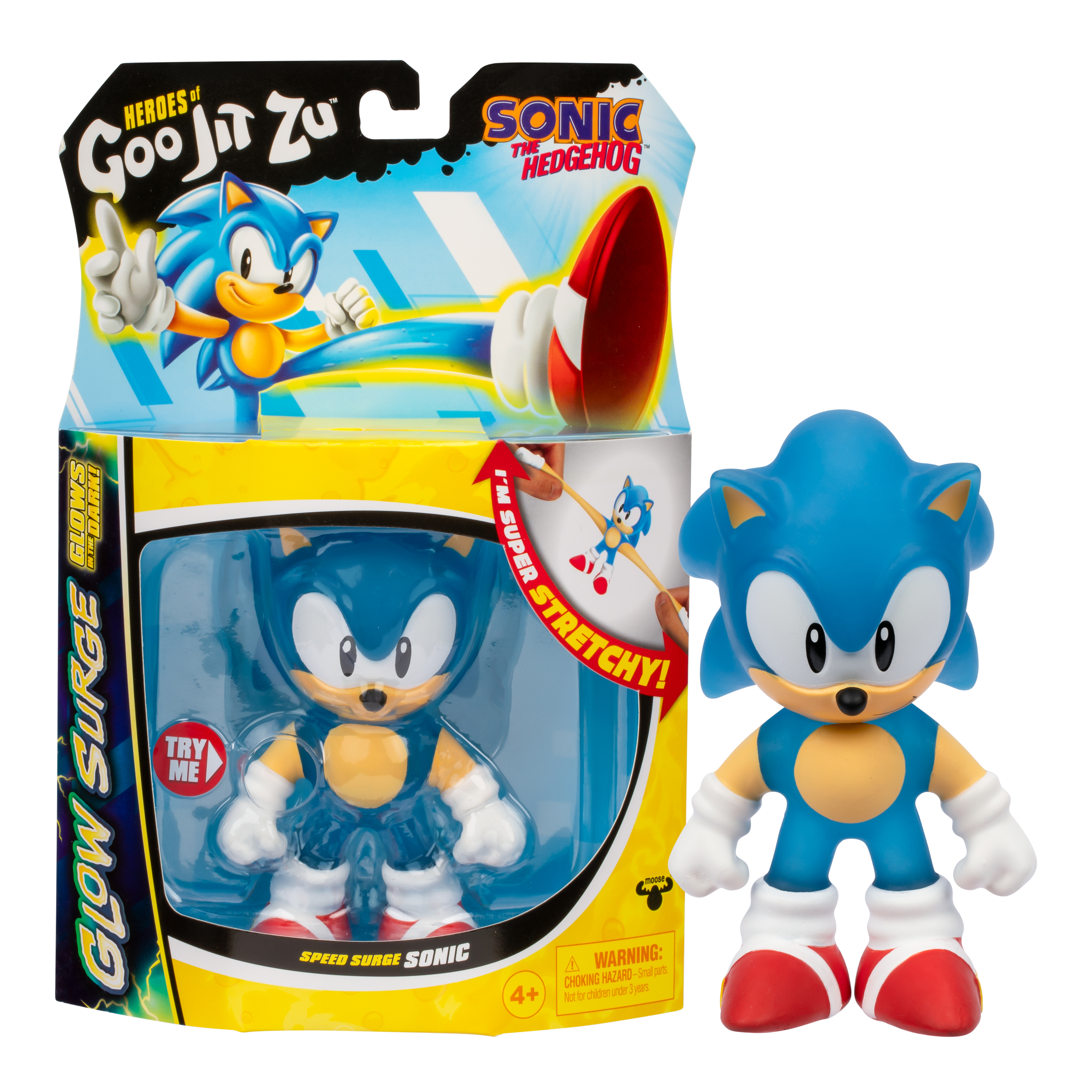 Ein Sonic the Hedgehog-Spielzeug und seine Schachtel sind abgebildet. Die Figur ist blau, beige, weiß und rot.