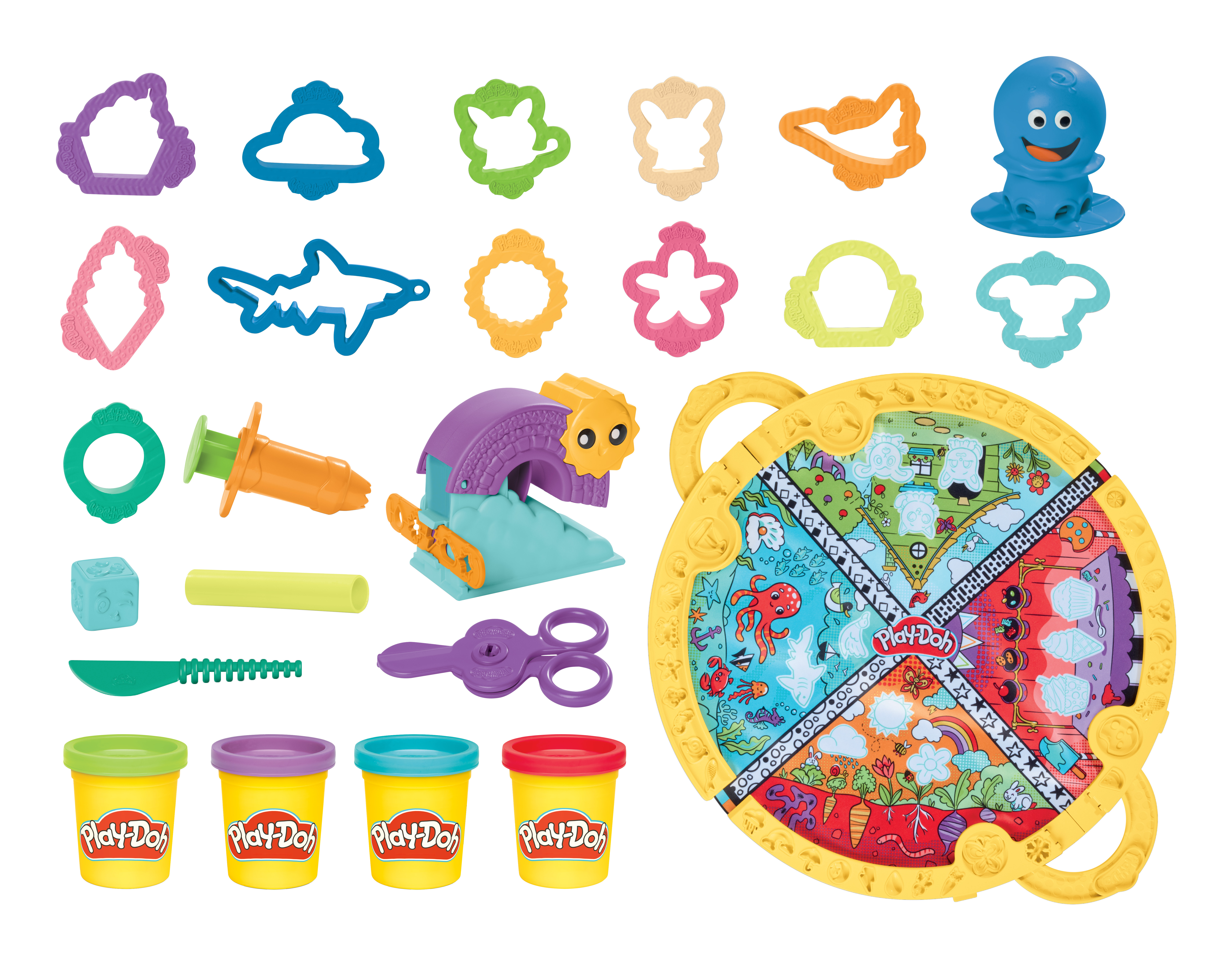 Juego de Play-Doh con varios cortadores, herramientas y plastilina de colores, incluyendo un tapete de juego colorido.