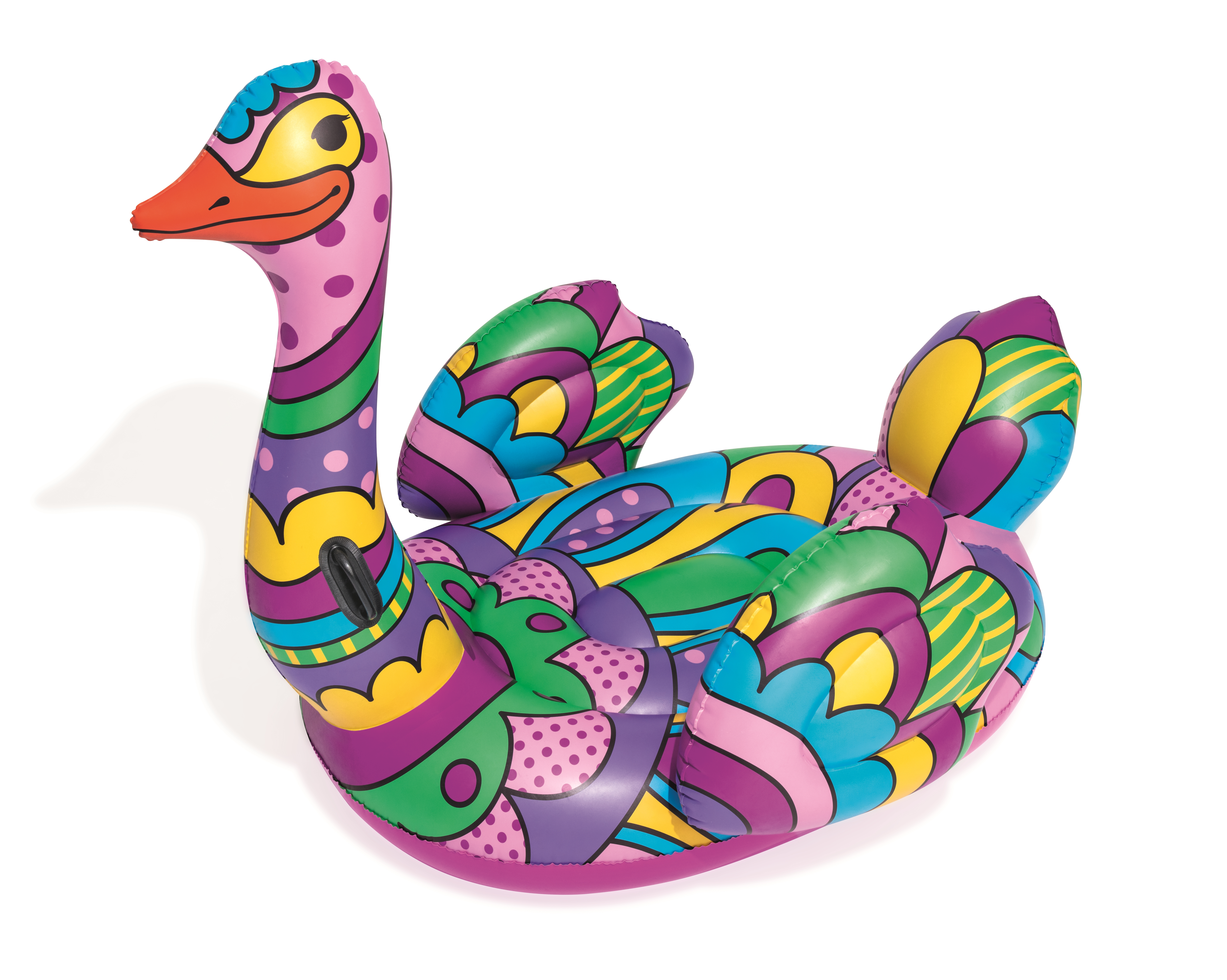 Galleggiante gonfiabile a forma di cigno con motivi colorati, testa rosa, becco arancione e corpo viola su sfondo bianco.