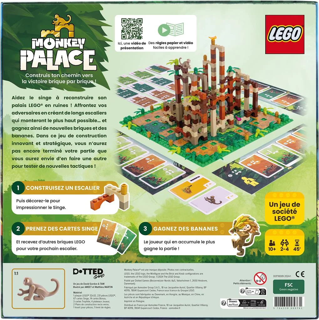 Doosontwerp voor het Monkey Palace LEGO-spel. Toont spelstukken, LEGO-gebouw en een apenillustratie.