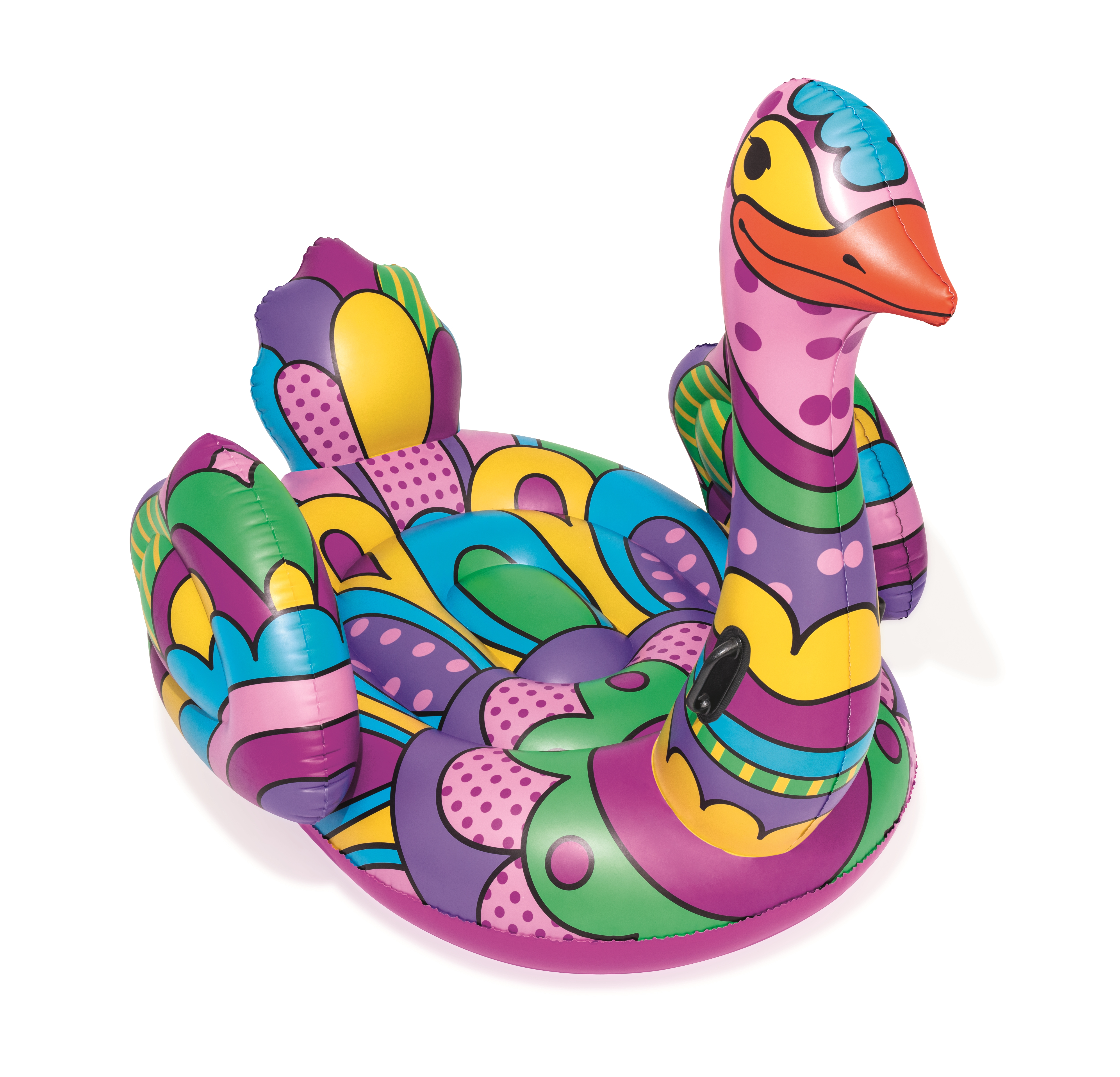 Galleggiante gonfiabile a forma di cigno con motivi colorati. Colori rosa, viola, verde, giallo e blu. Sfondo bianco.