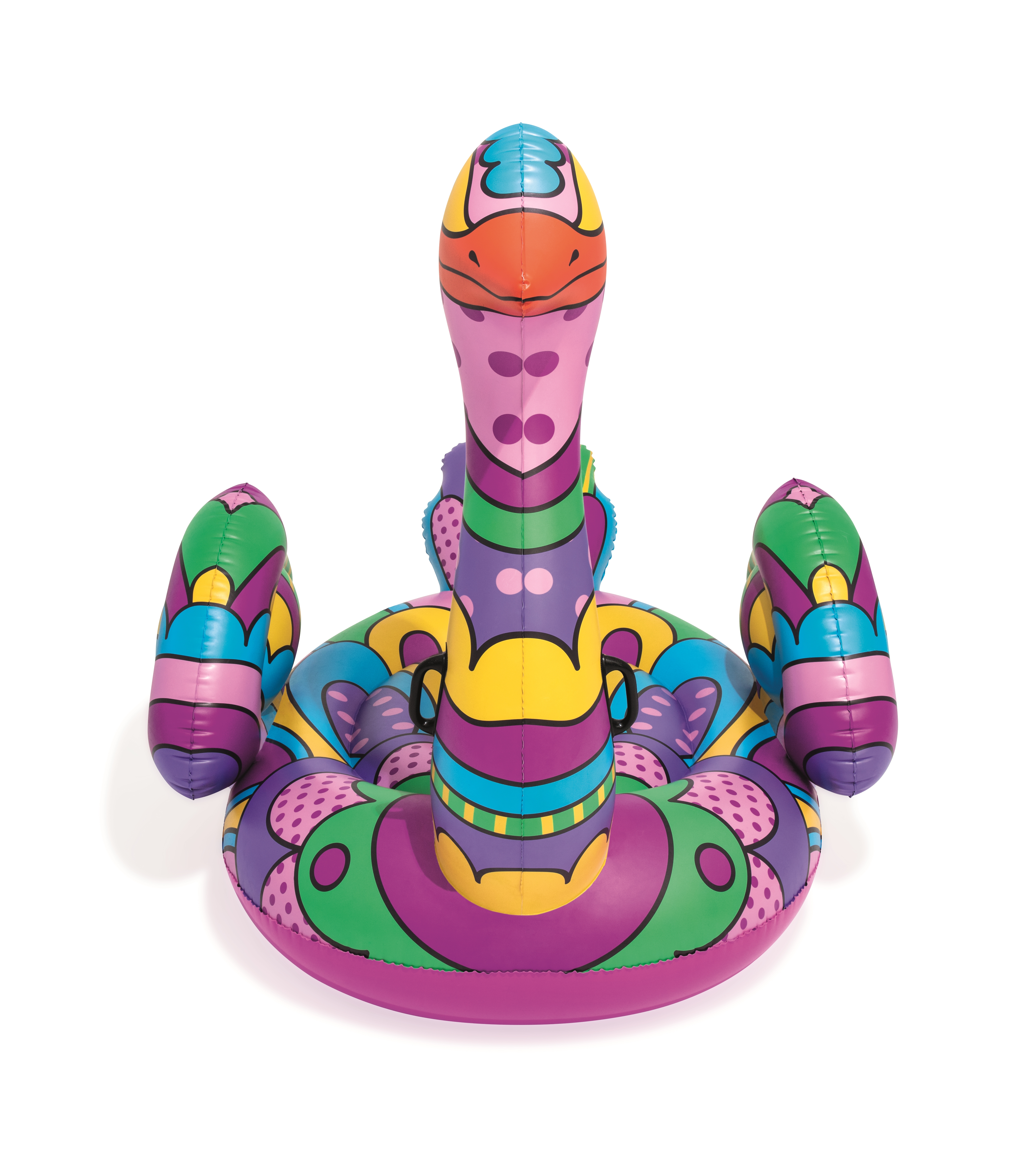 Un colorato galleggiante gonfiabile a forma di serpente. Ha una testa rosa, sezioni blu, gialle e verdi, su sfondo bianco.