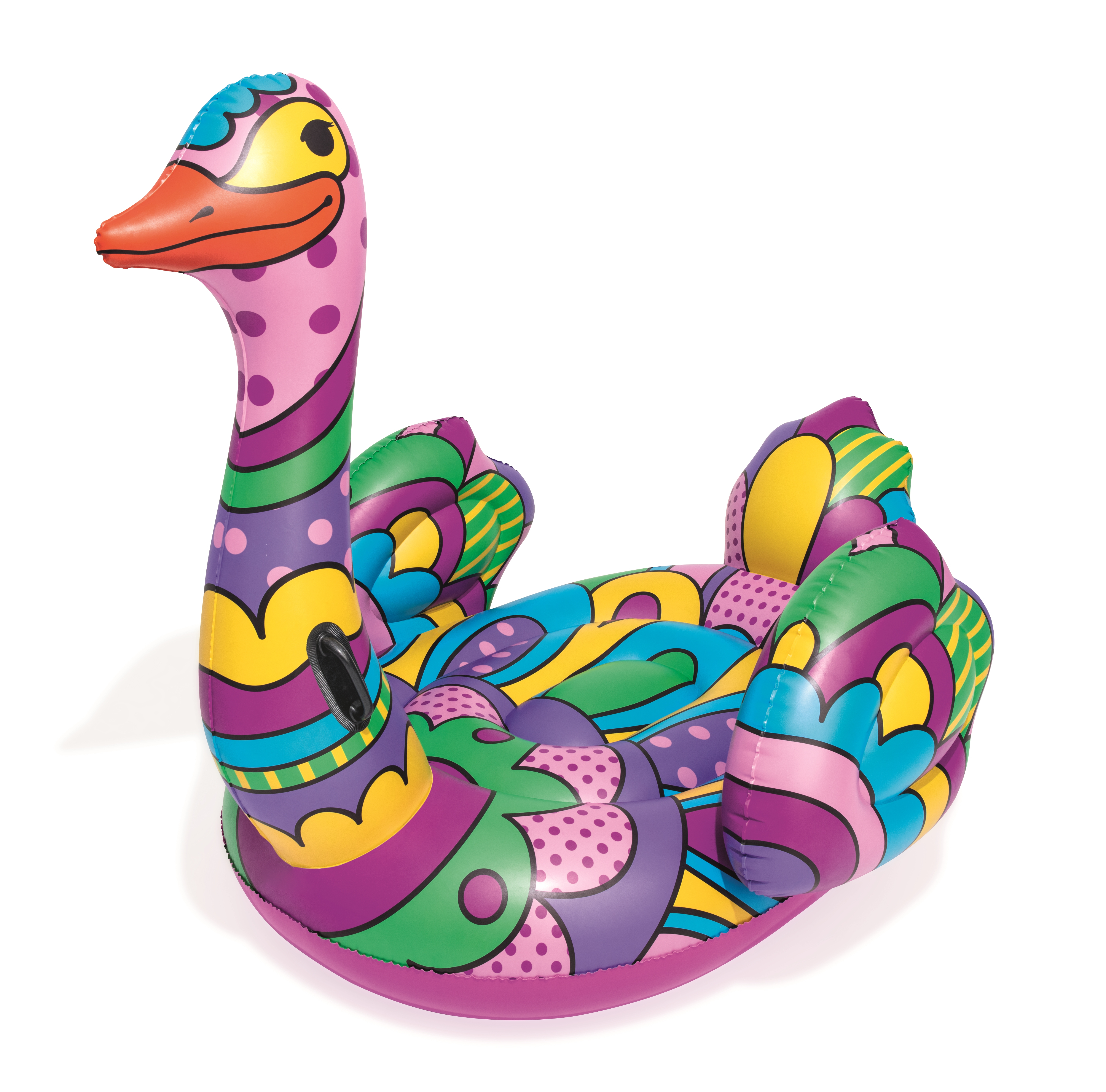 Galleggiante gonfiabile a forma di cigno con motivi colorati. Rosa, giallo, viola e verde dominano. Sfondo bianco.