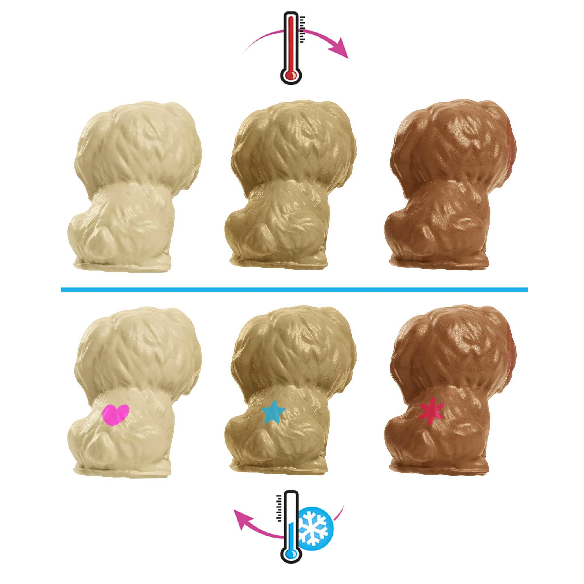 Obraz przedstawia zabawki dla psów. Górny rząd: od jasnobrązowego do ciemnobrązowego. Dolny rząd: psy z sercem, gwiazdą i rozbłyskiem.