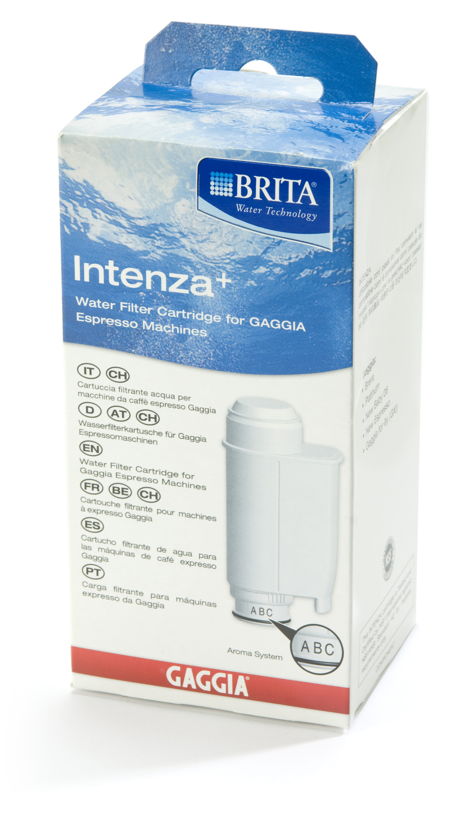 Eine weiße Schachtel mit einer Brita Intenza+ Wasserfilterpatrone für Gaggia Espressomaschinen. Mit Text und einer Zeichnung des Filters.