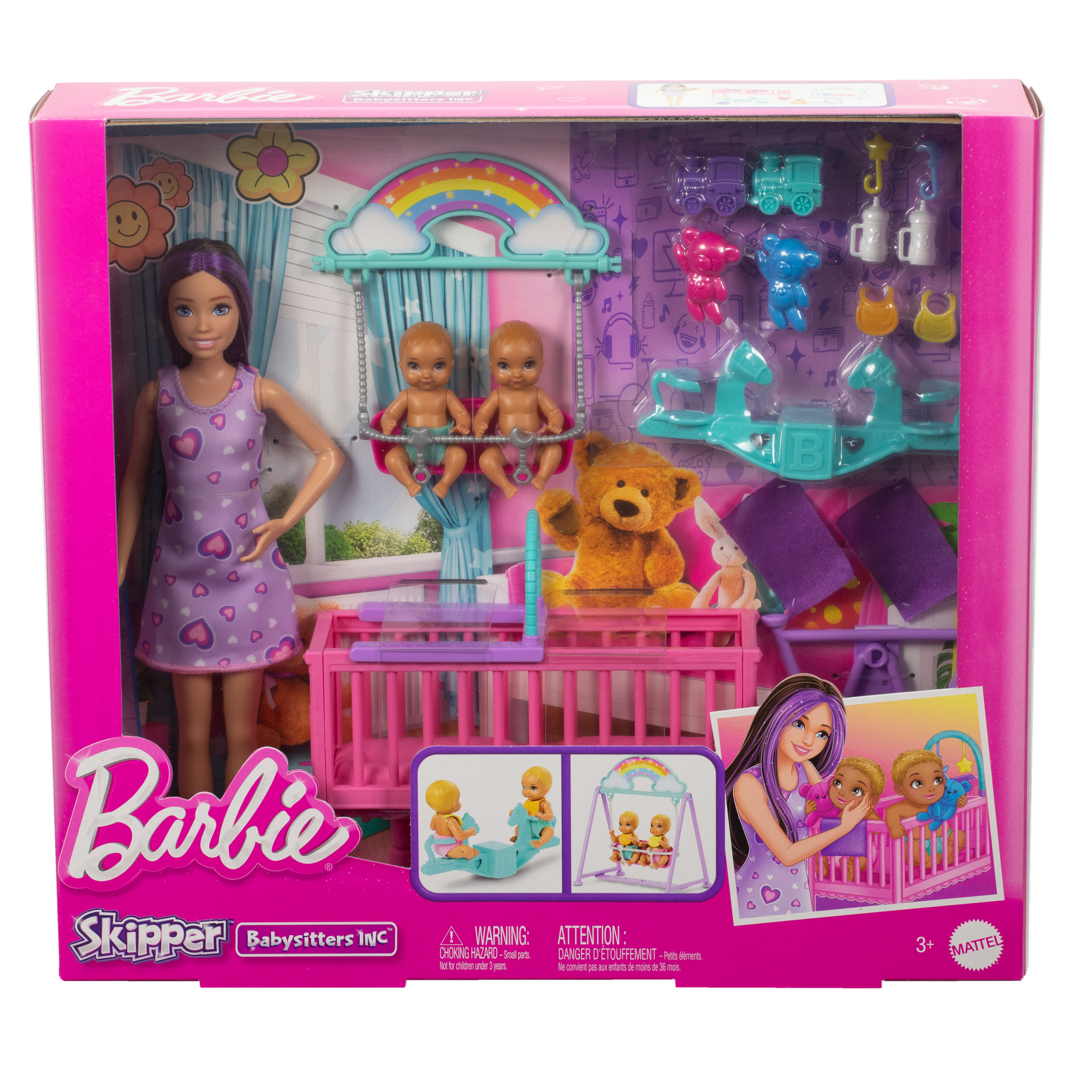 Zestaw lalek Barbie Skipper Babysitters Inc. Zawiera lalkę Barbie, lalki dla dzieci, kołyskę i akcesoria. Kolory różowy i fioletowy.