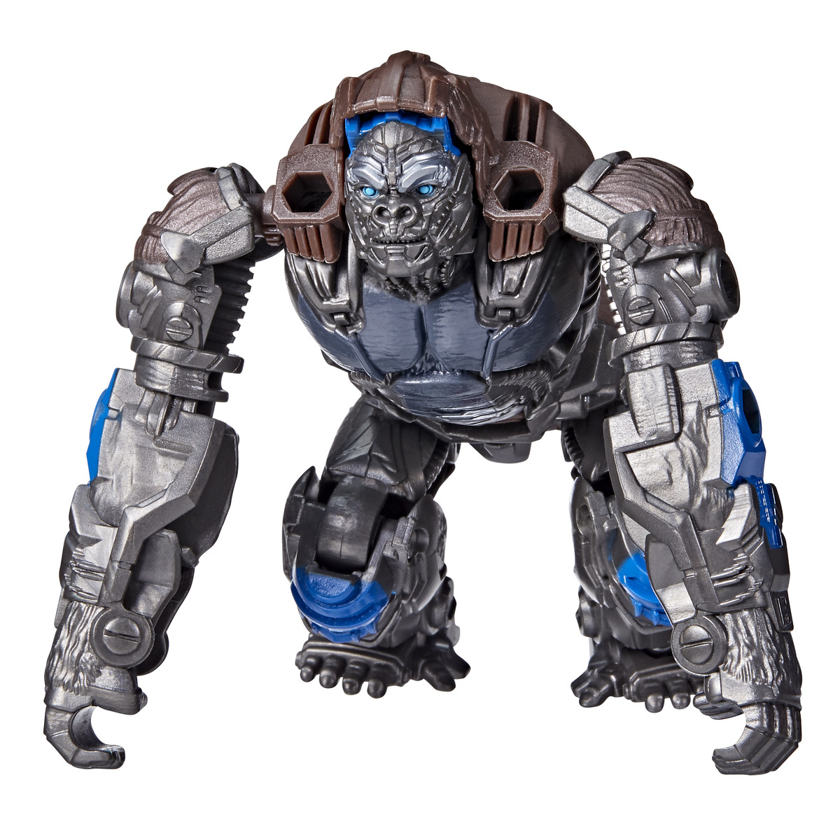 Un robot metallico simile a un gorilla è in piedi su tutte e quattro le zampe. Ha dettagli argentati, blu e marroni. Il robot ha un volto dettagliato e caratteristiche meccaniche.
