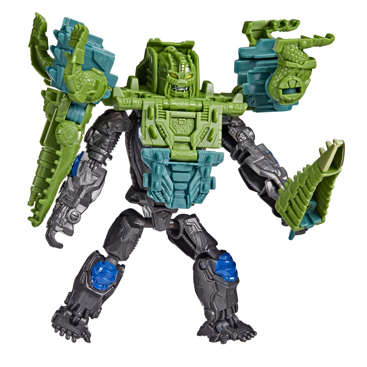 Un giocattolo Transformer verde e grigio. Ha un design dettagliato con testa, petto e braccia verdi e gambe grigie. È su uno sfondo bianco.