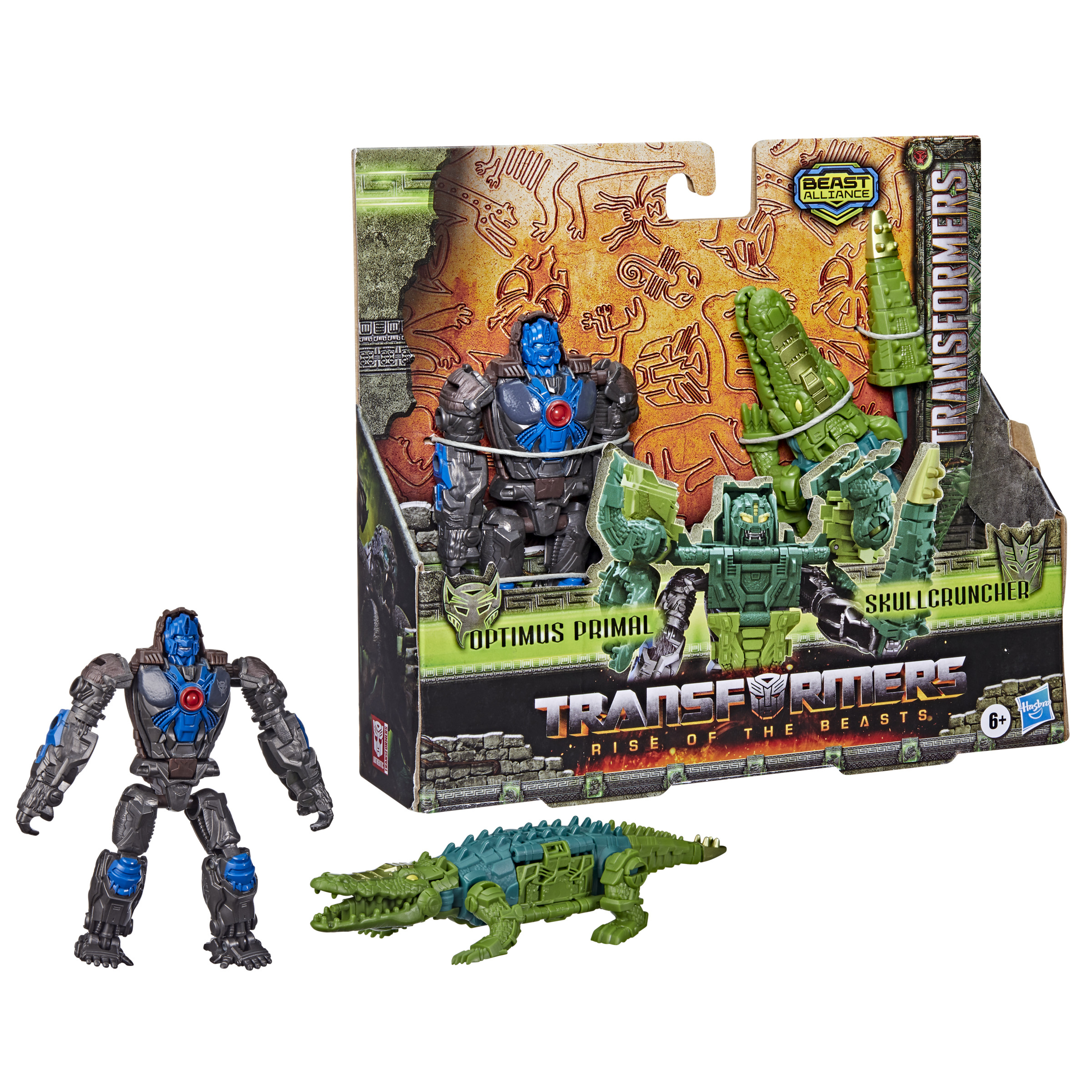 Set di giocattoli Transformers con Optimus Primal, Skullcruncher e un coccodrillo. La confezione include il logo Beast Alliance.
