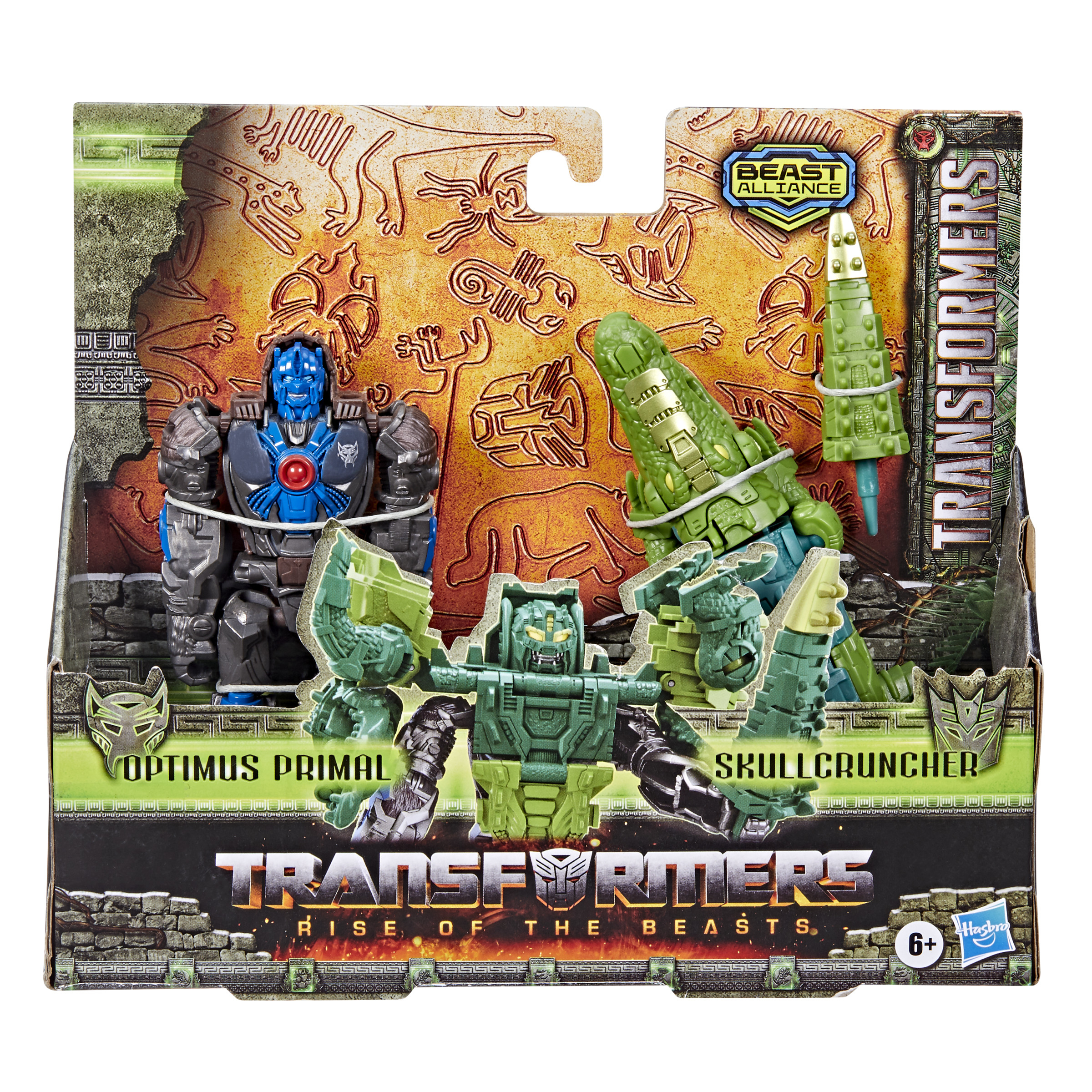 La confezione mostra Optimus Primal e Skullcruncher Transformers. Lo sfondo presenta arte antica. La scatola dice Transformers: Rise of the Beasts.