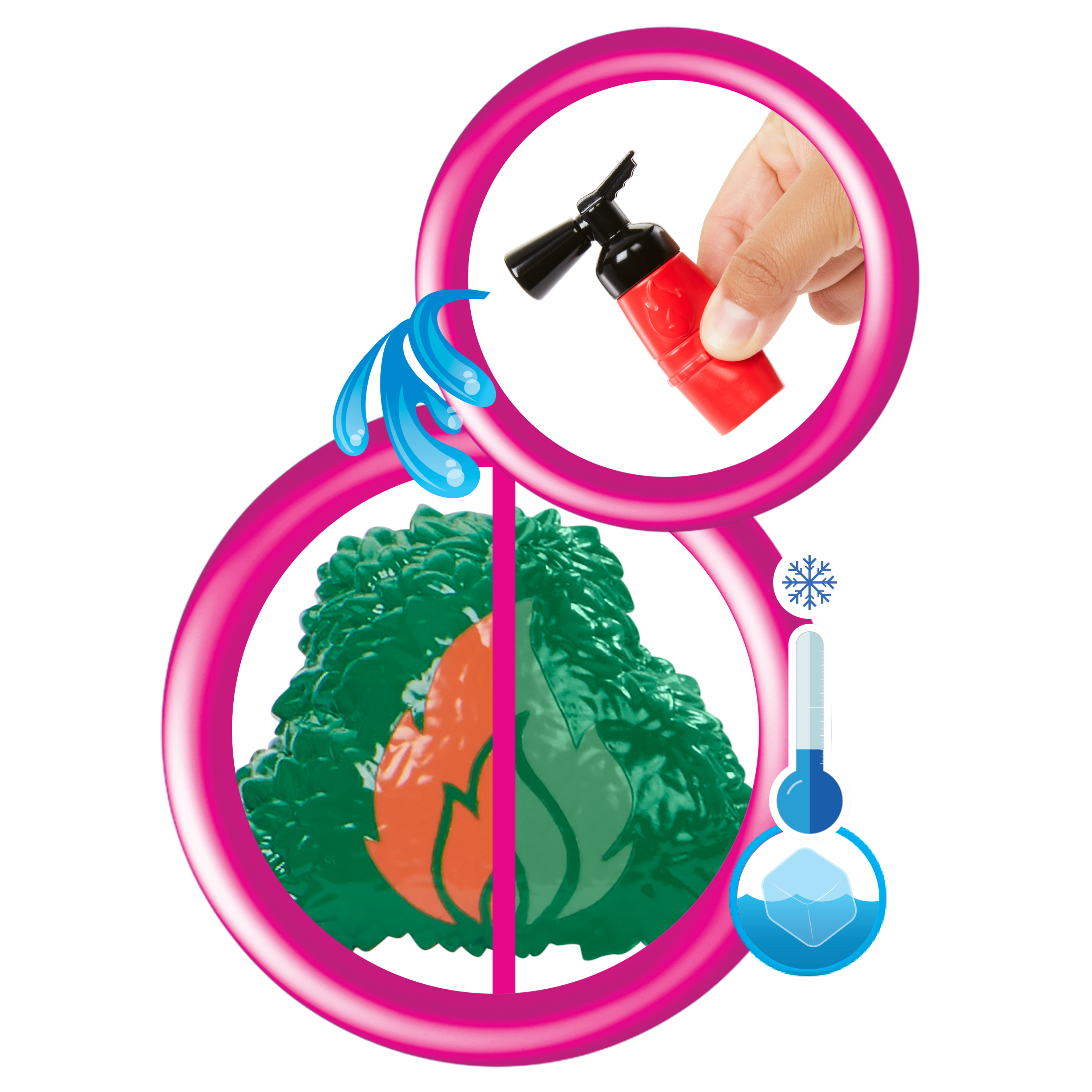Obraz przedstawia czerwoną zabawkę gaśniczą z symbolami wody i lodu. Zielona roślina jest podzielona na pół.