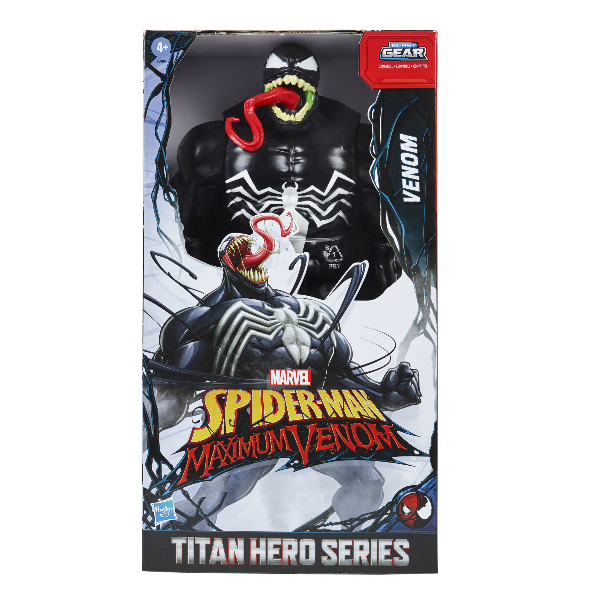 Scatola dei giocattoli di Venom. Figura nera con emblema di ragno bianco e grande lingua rossa. La scatola ha il logo Marvel Spider-Man.