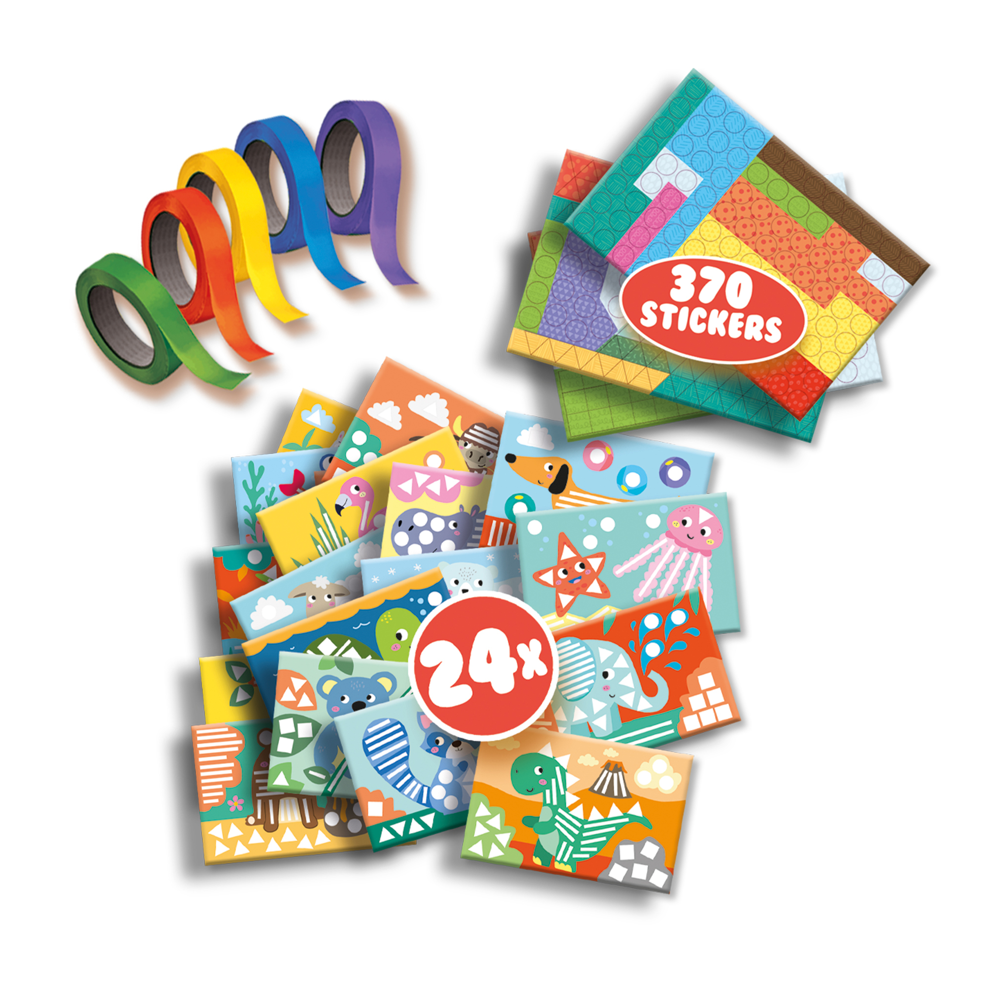 Obraz przedstawia zestawy naklejek, kolorowe taśmy i ilustracje zwierząt na białym tle.