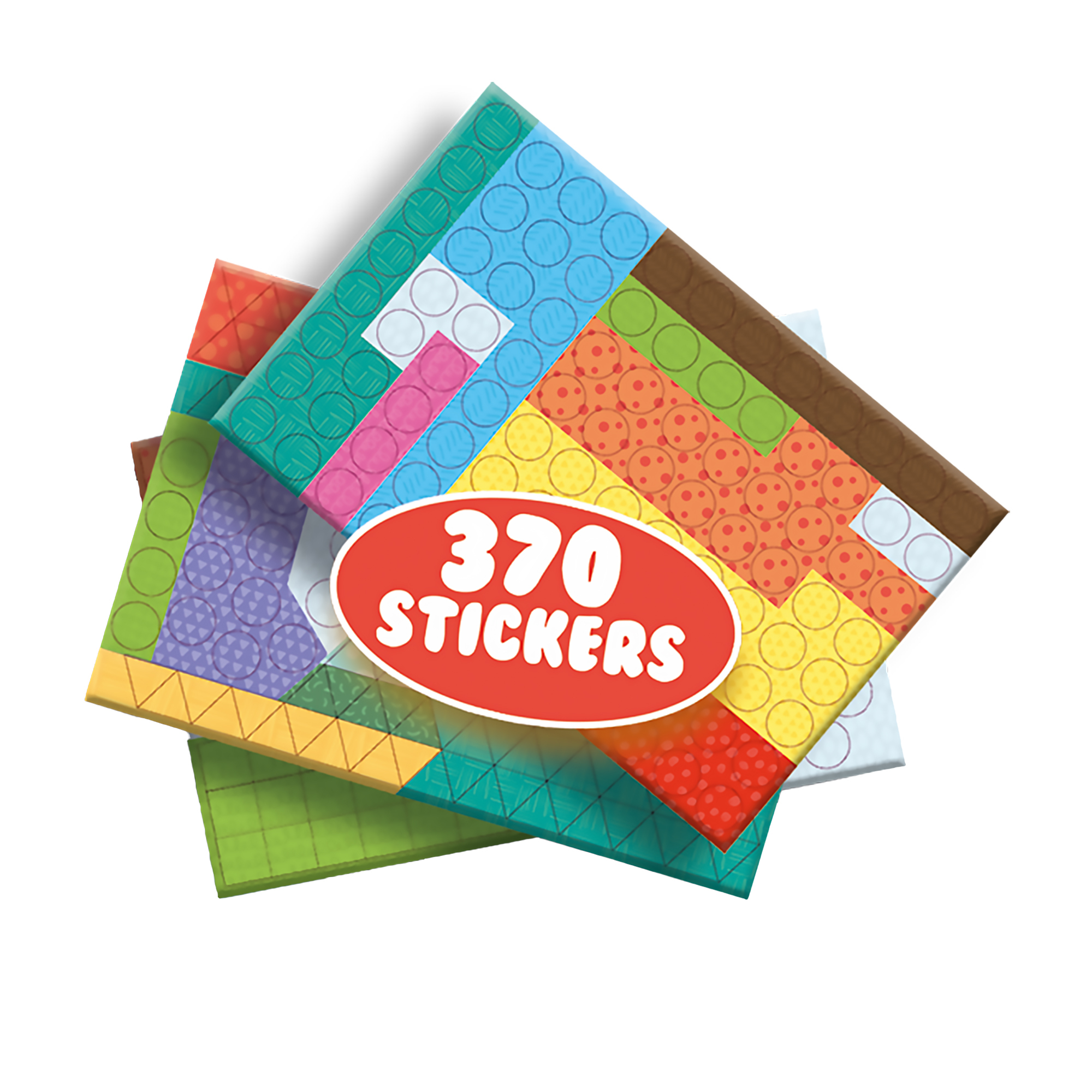 Stos arkuszy naklejek z różnymi kolorami i wzorami. Czerwony owal mówi: '370 NAKLEJEK'.