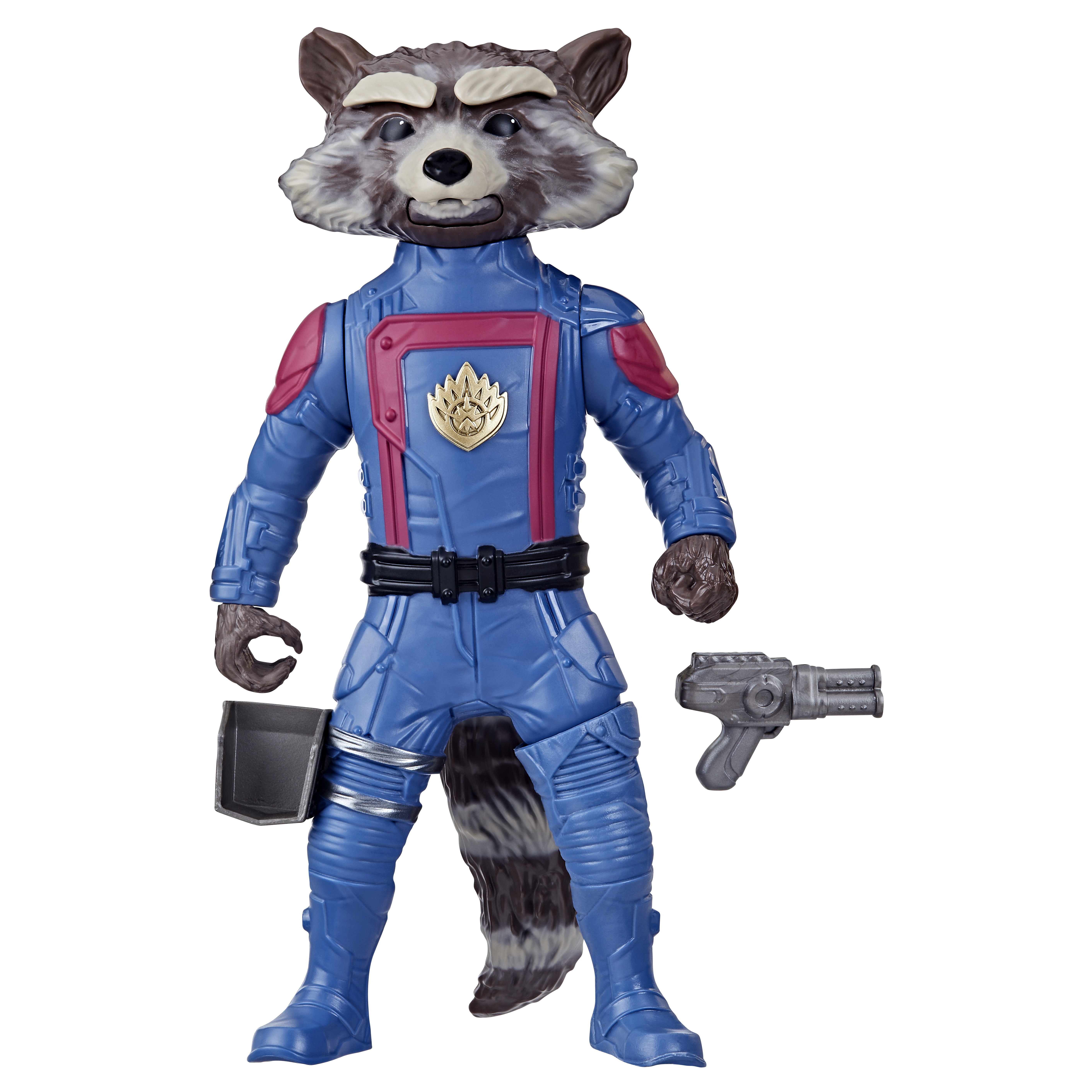 Figurka Rocket Raccoon w niebieskim garniturze z pistoletem i metalowym pojemnikiem. Ma głowę szopa pracza.