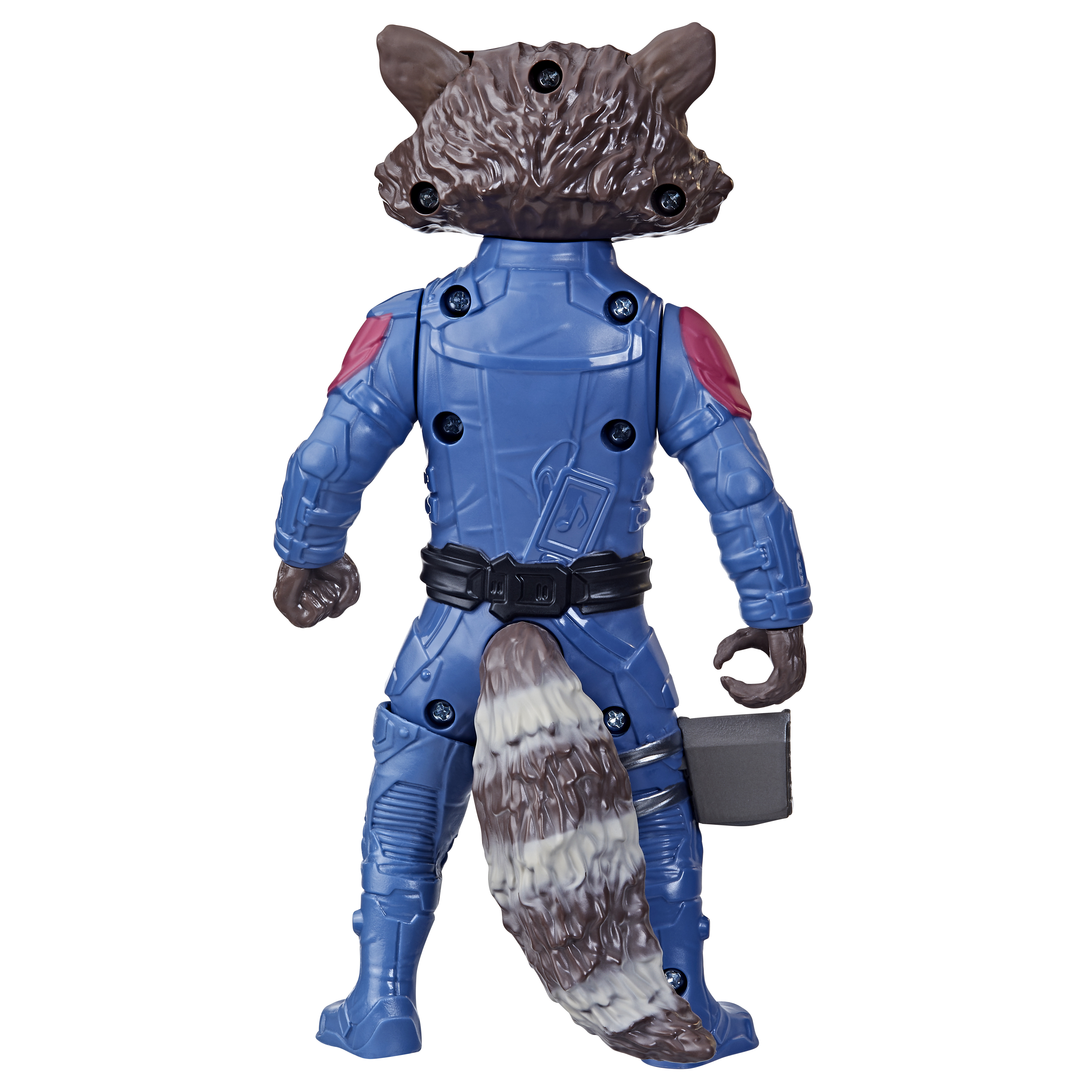 Figurka Rocket Raccoon, widok z tyłu. Niebieski strój, brązowa głowa z uszami, trzyma szare urządzenie, ogon brązowo-biały.